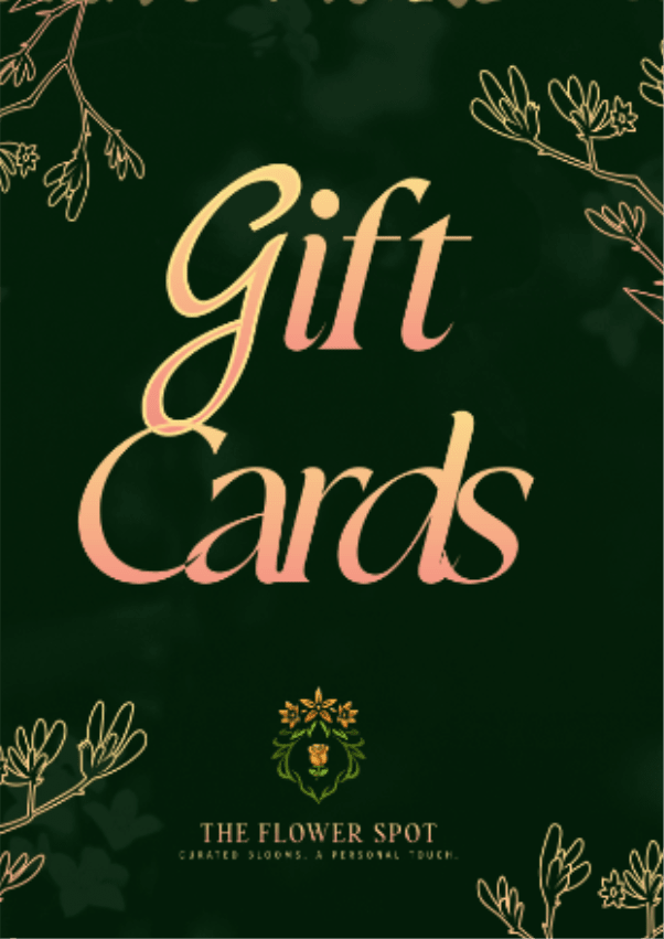 Gift card with dark green floral border and large "Gift Cards" text