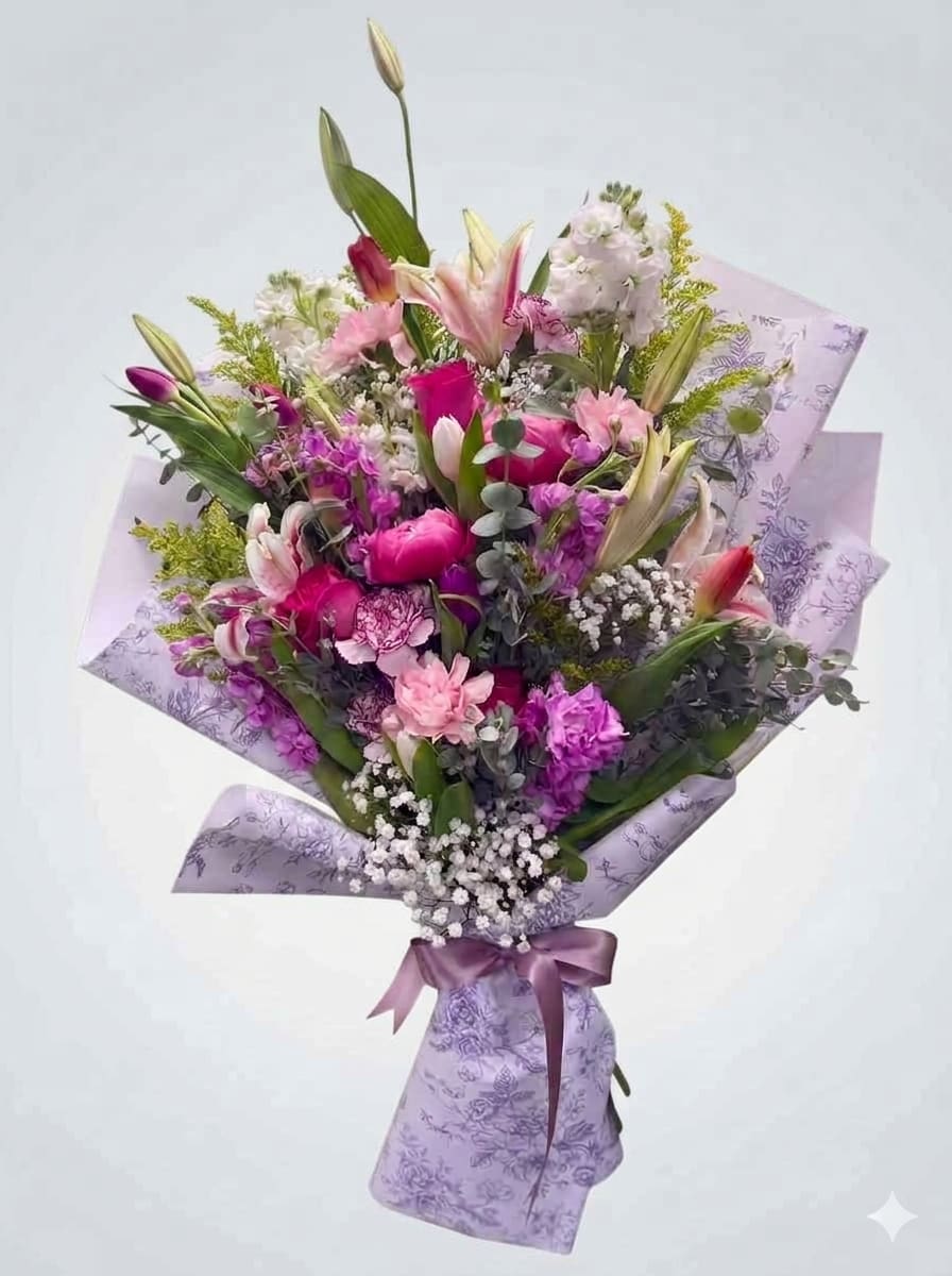 Grand Matriarch by The Flower Spot™ - A lavish, hand-tied flower arrangement designed to make the person you're celebrating feel truly seen - this large bouquet blends pink, white, purple, and green for an instantly romantic, luxurious impression. Perfect for anniversaries, love and romance, or a graduation tribute, the Grand Matriarch by The Flower Spot™ reads as an elegant statement for a mother, grandmother, or the woman who guides the family with warmth and style.  This lush composition features lilies, tulips, carnations, peonies, roses, stock, alstroemeria, daisies, baby's breath and complementary filler blooms arranged with layered texture and a soft feminine palette. Velvet rose petals and sculpted lily blooms sit alongside ruffled carnations and delicate stock and baby's breath for depth and movement; pale patterned decorative wrapping paper and a satin ribbon finish the presentation so it arrives polished and ready to place in a favorite vase.  Ideal for Mother's Day, Women's Day, Grandparent's Day or any moment you want to say "you matter," this hand-tied bouquet ships full and fragrant. To help blooms last, place in fresh water, trim stems, and keep out of direct heat - the result is a memorable gift that will leave her feeling celebrated and deeply cared for.