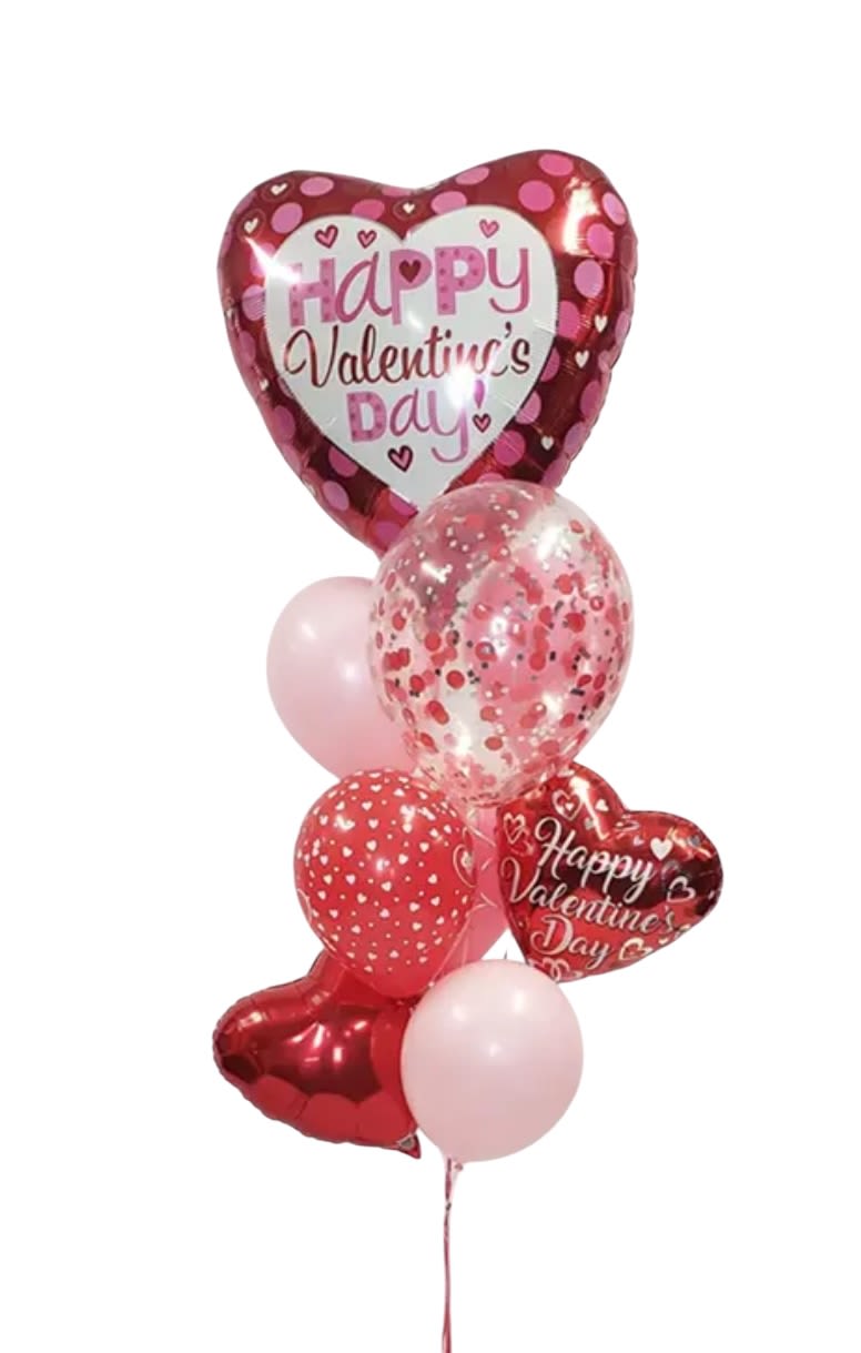 Heart-shaped Valentine’s Day balloon bouquet in pink and red