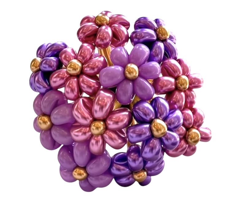 Cluster of purple and pink balloon flowers with gold centers