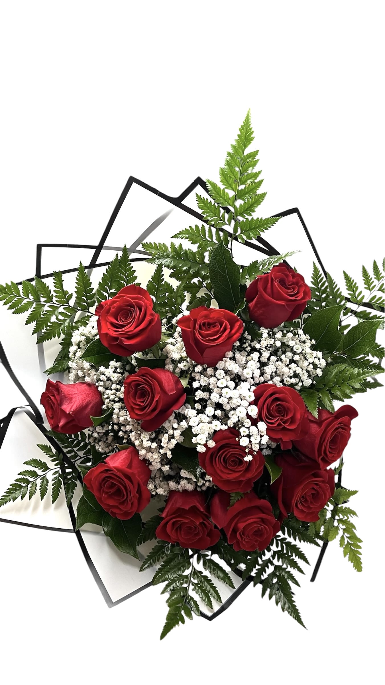 Bouquet of red roses with white baby's breath and fern foliage