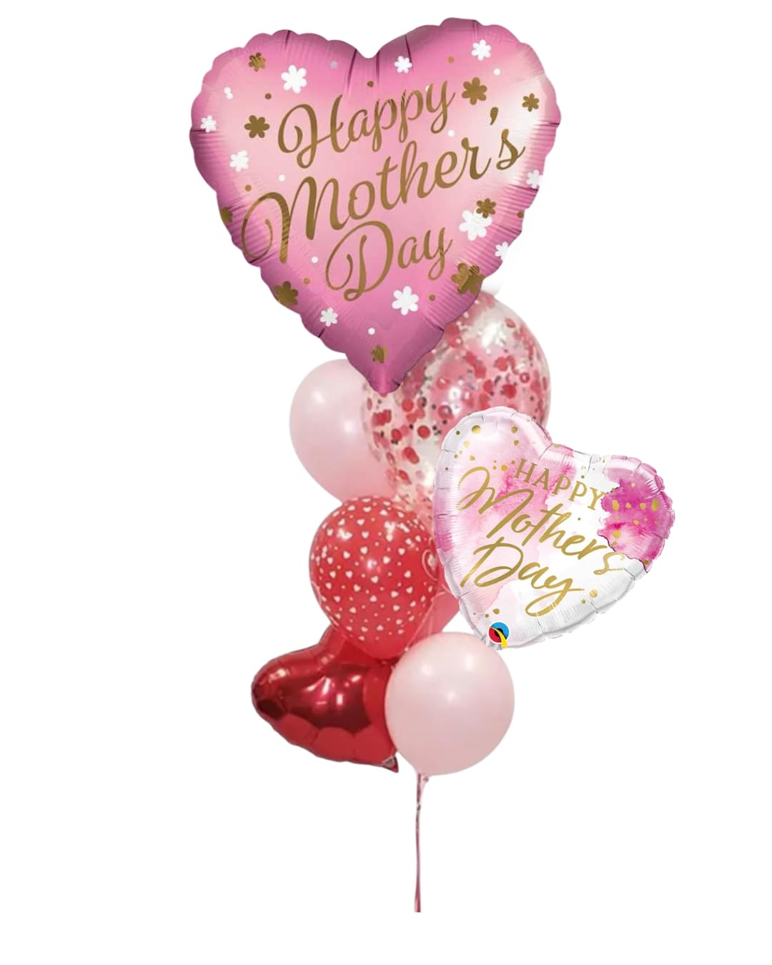 Mother's Day balloon bouquet in pink and red heart shapes