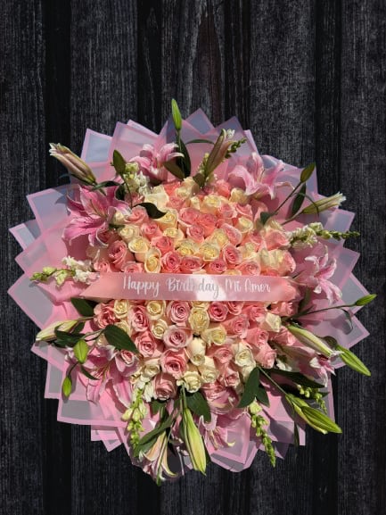 Lily Bae  - 100 White &amp; Pink Roses with beautiful lilies and a personalized ribbon - please add up to 5 words that you'd like on a ribbon