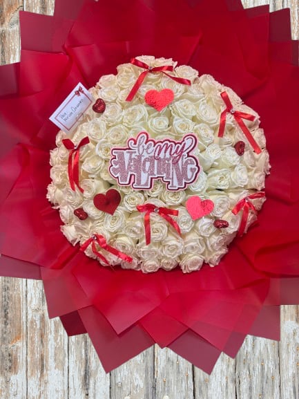 I Love You with White Roses - 100 White Roses with Love Accents (will exclude the "be my valentine" topper and be replaced with a red baby's breath heart)
