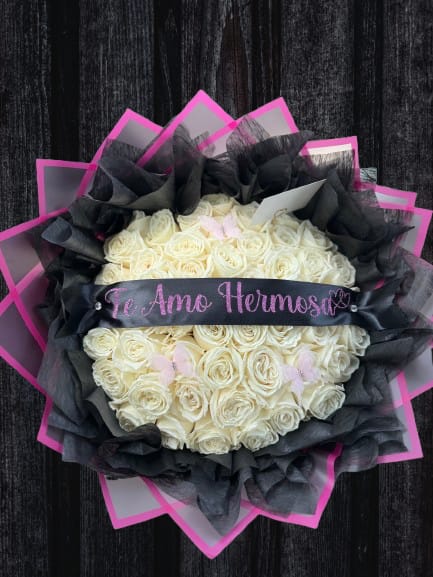 Gothic Pink Princess - 50 White Roses with a personalized ribbon - please add up to 3 words that you'd like on a ribbon