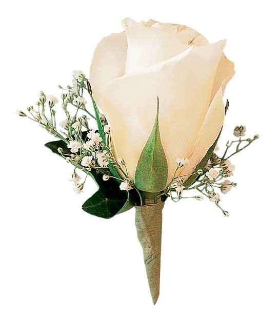 Cream rose boutonniere with baby's breath and greenery