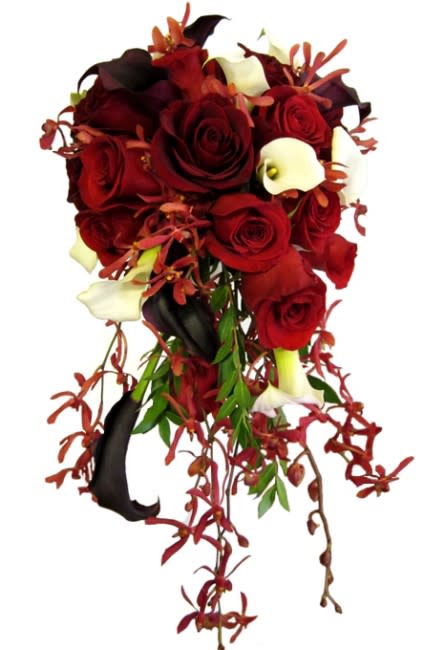 Cascade bouquet of red roses and white calla lilies