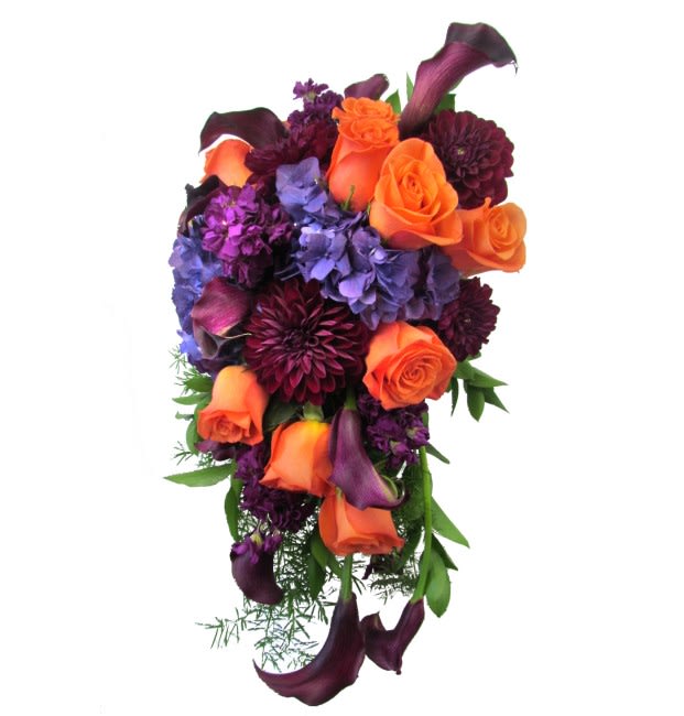 Cascade bouquet of orange roses, purple blooms, and dark calla lilies