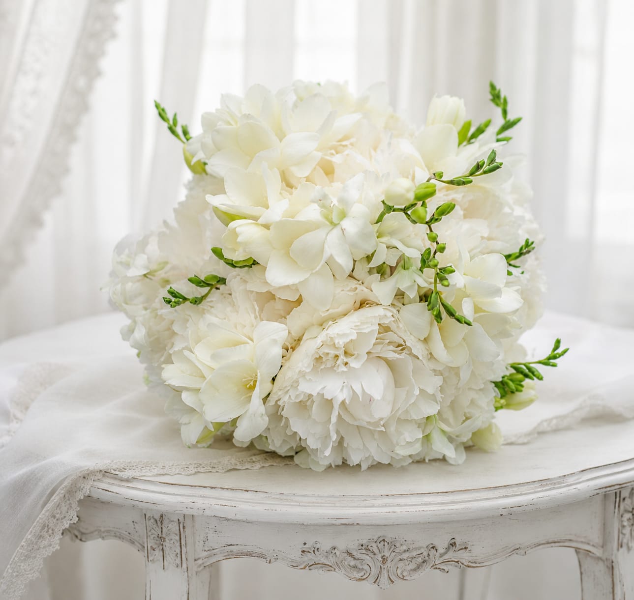 White wedding - A lush, all-white bridal-style bouquet that reads timeless and serene-perfect as a wedding bouquet The compact, rounded bouquet of white hydrangeas and soft peonies creates a full, layered look while bright green accent stems add a fresh lift; the result is calming, romantic, and impeccably classic for a ceremony or reception.  Large petal clusters and ruffled blossoms give the piece an airy texture and luxurious volume without feeling fussy. Shown on a lace tablecloth atop a vintage table to highlight its delicate, heirloom quality, the arrangement favors a restrained palette of white and green for a refined, cohesive effect.  Made to suit formal settings and intimate gatherings alike, this arrangement is the kind of gift that makes the recipient feel cherished and seen-ideal for brides, honored guests, or to express sympathy with grace. Size and exact stem count vary by season; for best longevity, keep blooms cool and away from direct sun until presentation. If any design elements are of major importance to your order, please include them in the florist instructions at checkout or contact us to ensure availability.   If any design elements are of major importance to your order, please include them in the florist instructions at checkout or contact us to ensure availability.