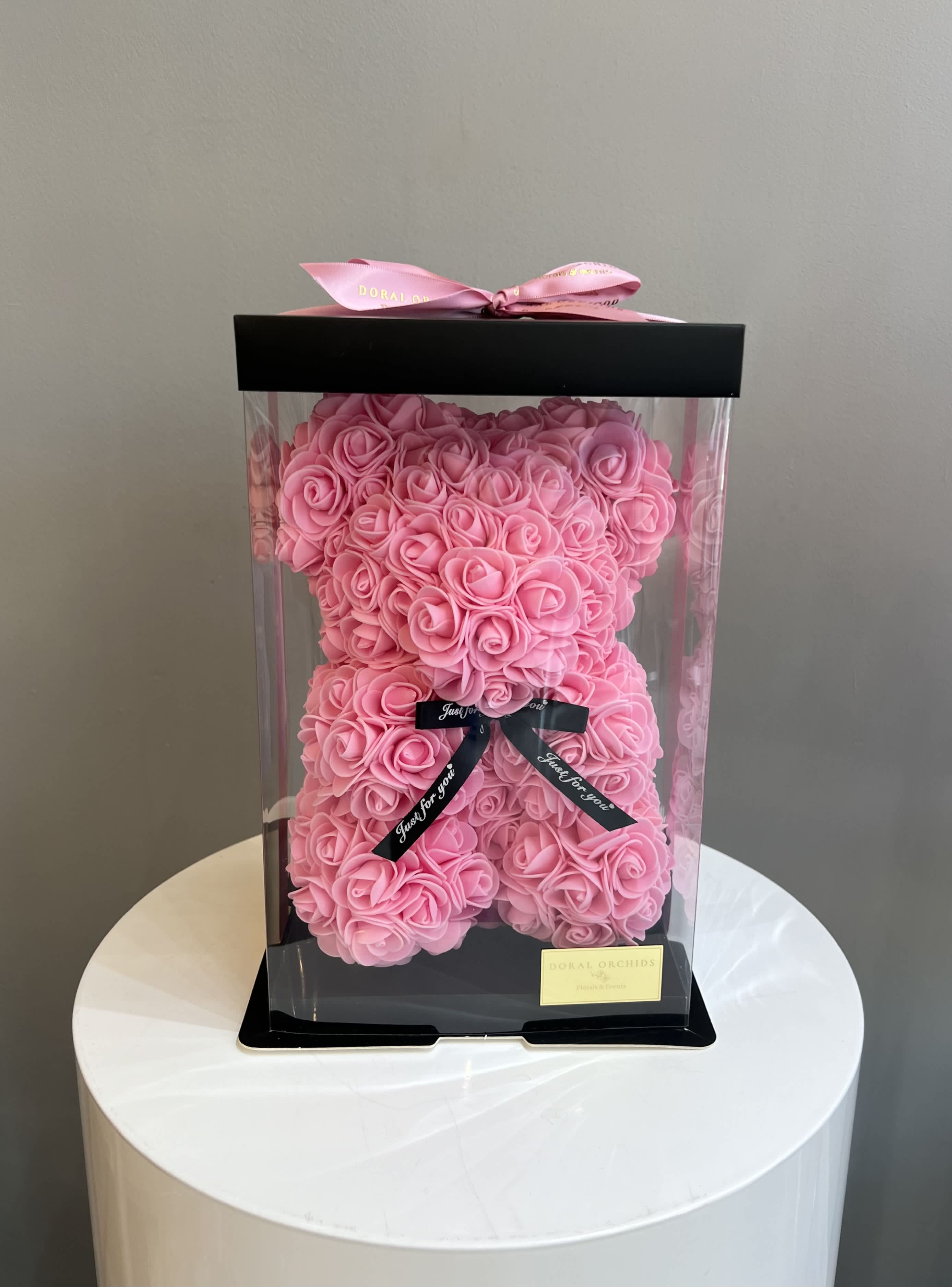 Rose Bear 10" tall Pink - Beautiful rose bear made of artificial flowers