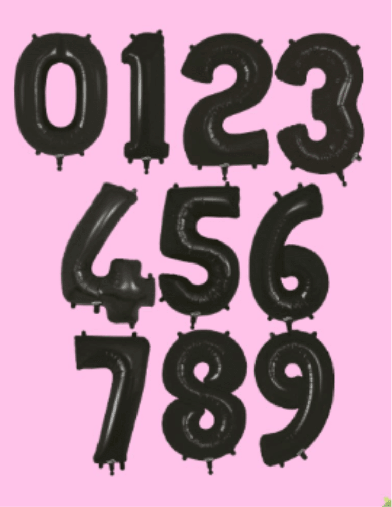 34" Black Number Balloon - Make a bold statement for birthdays and milestone celebrations with these 34" black number foil balloons-perfect for age, anniversary, or date displays. The matte black finish reads striking against pastel backdrops and adds instant, modern flair to photo walls, party arches, or entryway décor. These number balloons put the spotlight on the person you're celebrating, turning an ordinary party into a memorable moment.  Each set includes foil number balloons 0-9 at a full 34" height so you can customize any age or date combination; an iridescent rainbow-colored set is also available for a brighter, more festive look. The glossy, smooth surface catches light for high-impact photos and pairs easily with other party balloons and accessories. Because these are foil balloons, they hold helium well for long-lasting displays-order early and specify if you need inflation at pickup or delivery to ensure they're ready for the celebration.