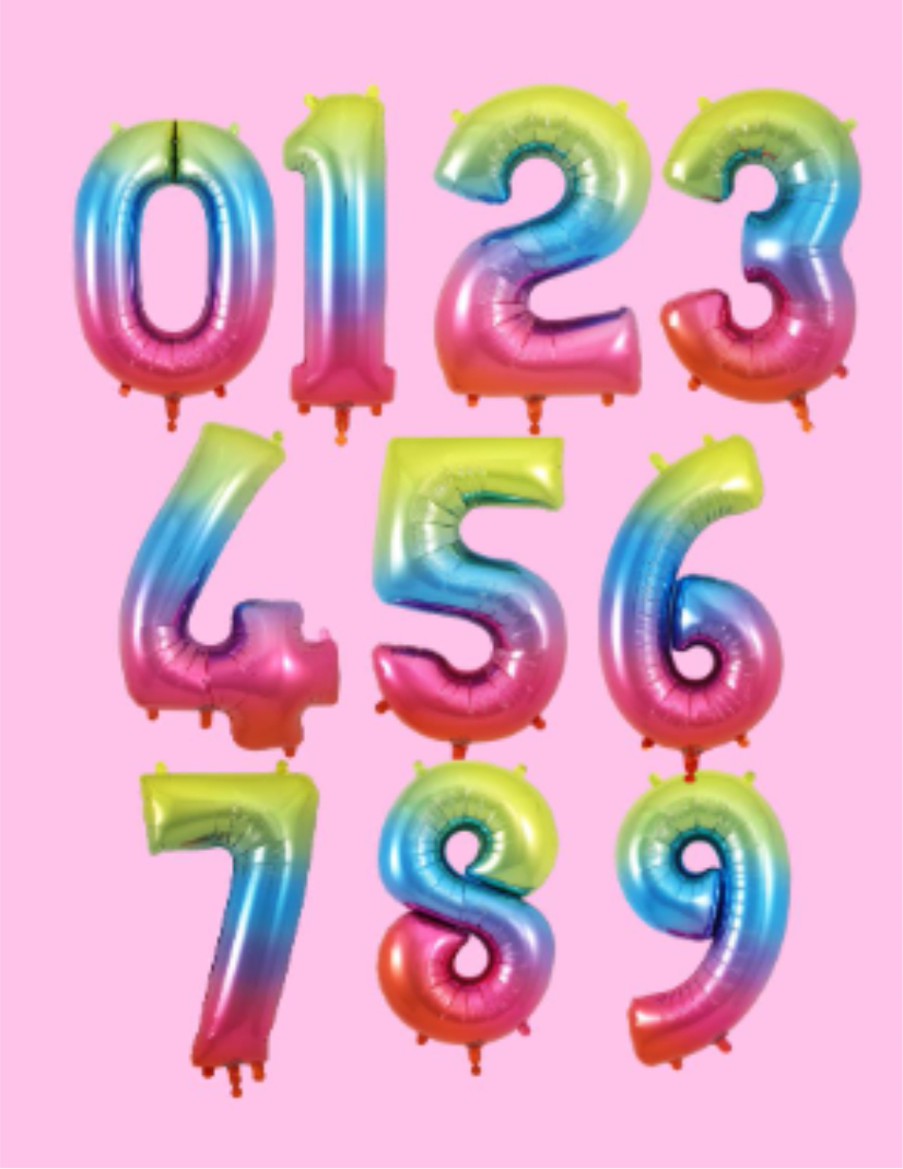 34" Rainbow Number Balloon - Make any milestone feel larger than life with these 34" Rainbow Number Balloons - perfect for birthday celebrations, anniversaries, graduations, and any moment that calls for a bold numeric statement. The glossy foil finish and vivid rainbow gradient (bright pinks, blues, yellows and hints of green and orange) catch the light for an instant party-ready focal point that will make the person you're celebrating feel seen and celebrated.  Each inflatable foil number measures 34" and is available for any digit 0-9, so you can easily create ages, anniversaries or event years with single digits or pairs. The balloons come in both a glossy black option and a mixed-color rainbow option; the cheerful multi-hue finish reads playful and festive against colorful décor or a simple backdrop. These are hard-good, helium- or air-fill friendly decorations designed to float or be anchored as part of a larger display.  Ideal for cake tables, photo backdrops, or as a statement centerpiece, these number balloons turn an ordinary room into a party scene and give the recipient that "wow" moment. Order the exact digits you need and choose helium for floating displays or air-fill for wall or stand arrangements; to keep them looking their best, avoid sharp objects and keep away from direct heat or prolonged sun exposure.