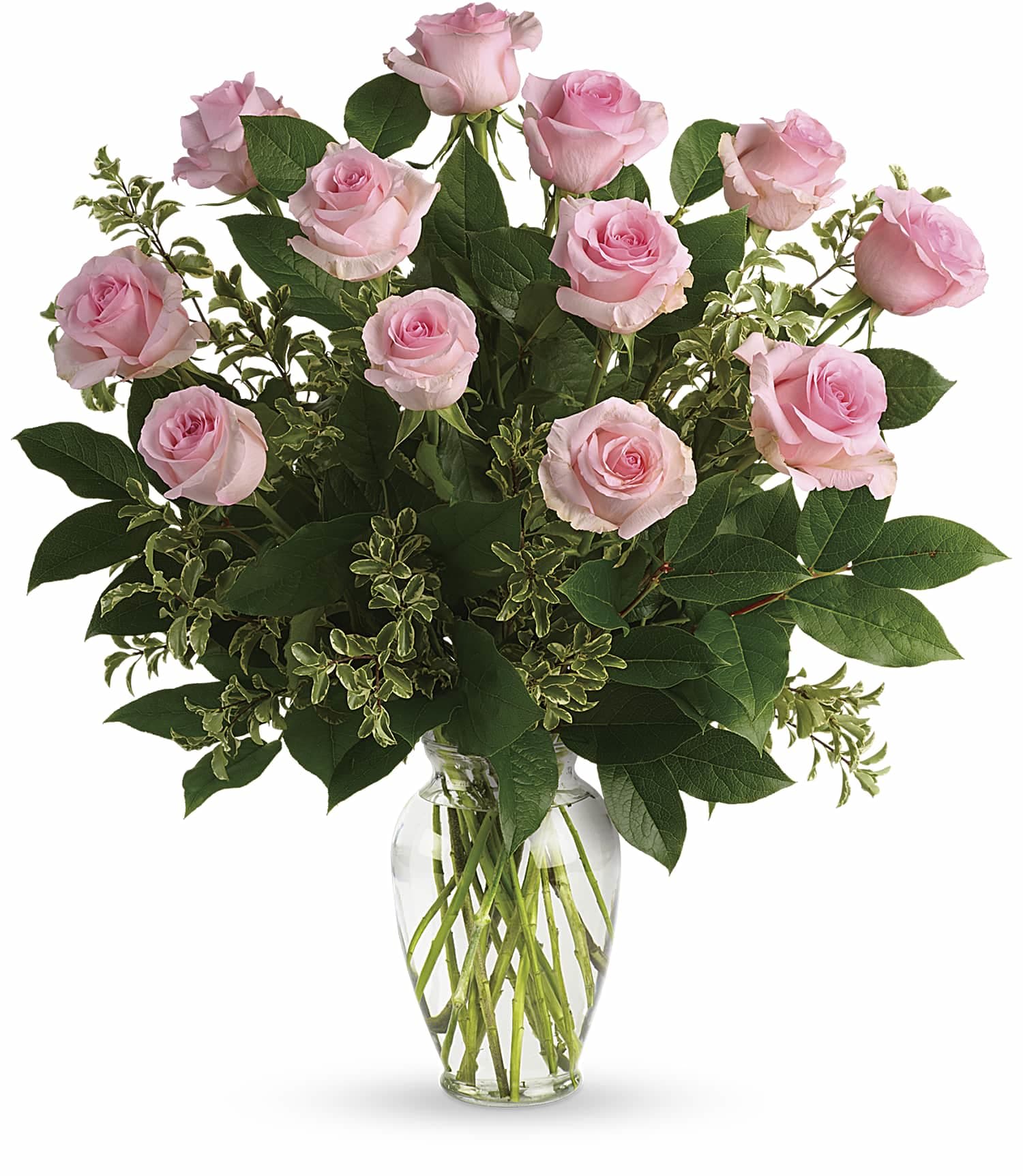 Say Something Sweet Bouquet - Say it sweeter with this feminine bouquet of a dozen pink roses and lush greens in a graceful glass vase. 