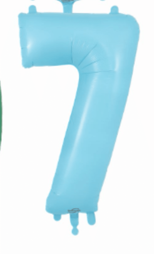 34" Light Blue #7 Number Balloon - A gleaming 34" light blue foil number balloon that turns any birthday or milestone celebration into a moment that feels photographed and festive. As a birthday balloon or anniversary accent, this oversized metallic "7" reads clearly from across the room and pairs beautifully with other mixed-color and rose-gold numerals to form ages or dates-perfect for making the person you're celebrating feel seen and celebrated.  The glossy, single-color light blue finish shows off crisp seams and inflation tabs for easy filling; the durable foil construction holds helium far longer than latex and adds a reflective, party-ready shine. Colors in the set photography include blue, pink, green and white accents, and the hard goods are high-quality foil number balloons designed for standing out in photos or as part of a larger display.  Use it alone for a clean, modern look or combine it with other number balloons and mixed-color décor for a personalized age, anniversary, or date display-ideal for birthdays, milestone birthdays, graduations, or event signage. Balloons arrive uninflated; inflate with helium for float-ready impact or with air for tabletop use, and follow simple tab and seam care to keep the finish smooth throughout the celebration.