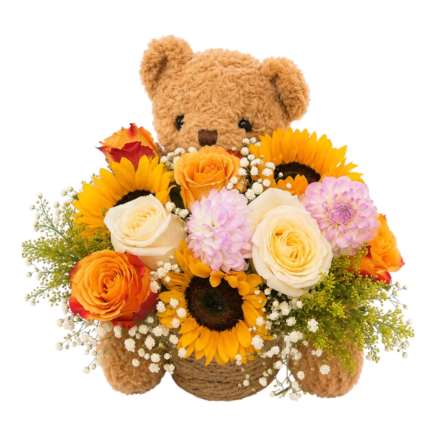 Golden Sunshine Basket - A cheerful cluster of bright sunflowers and creamy orange roses makes this flower arrangement feel like a pocket of summer-perfect as a birthday bouquet, a congratulations gift, or a just-because surprise for someone who loves warm, sunny colors. The arrangement's playful touch comes from a plush teddy bear tucked behind the blooms, so the recipient will feel both celebrated and comforted the moment they see it.  This woven basket holds a dense mix of yellow sunflowers, orange and cream roses, soft pink blooms, and small white filler flowers for texture and a softening contrast. The compact, gift-ready presentation emphasizes visual impact and cuddliness: the teddy bear nests among the stems while the flowers fan out for a lively, layered look.  Send this when you want someone to feel truly seen-cheerful, cared for, and remembered. The basket arrives ready to display; for fresh-keeping, trim stems and refresh vase water if you transfer blooms from the basket to a vase.
