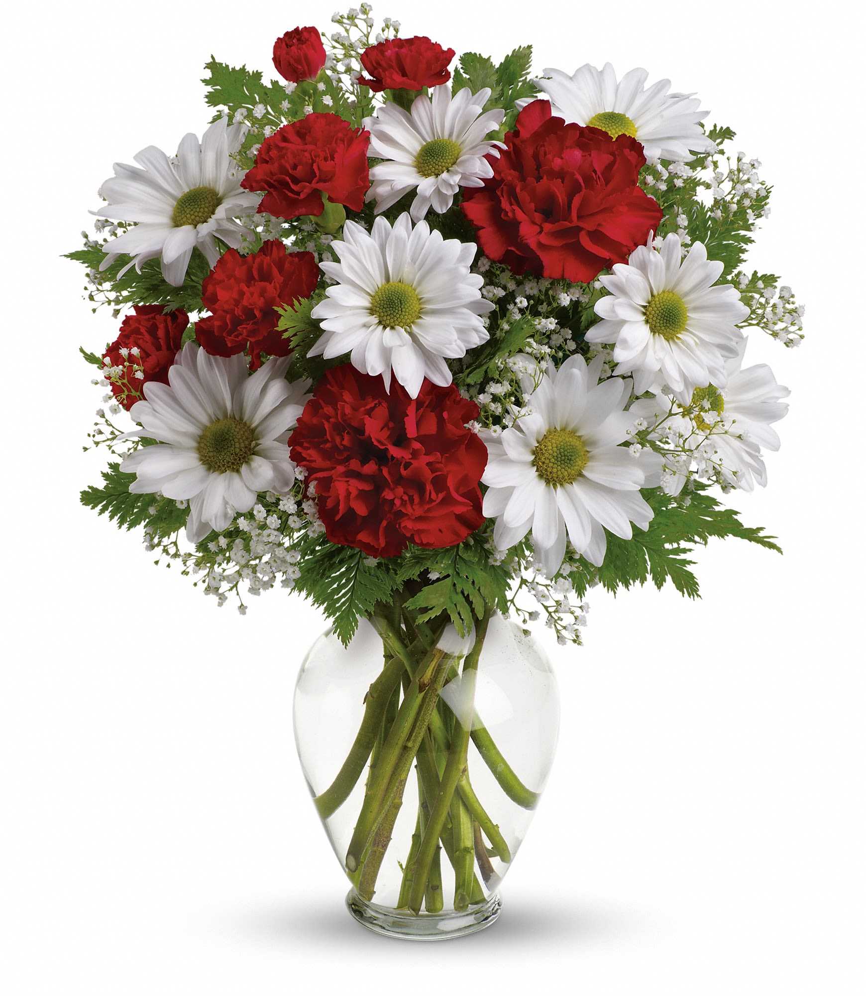 Red carnations and white daisies in a clear glass vase
