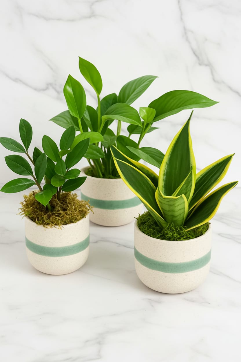 Three small potted houseplants in white ceramic pots with green stripes