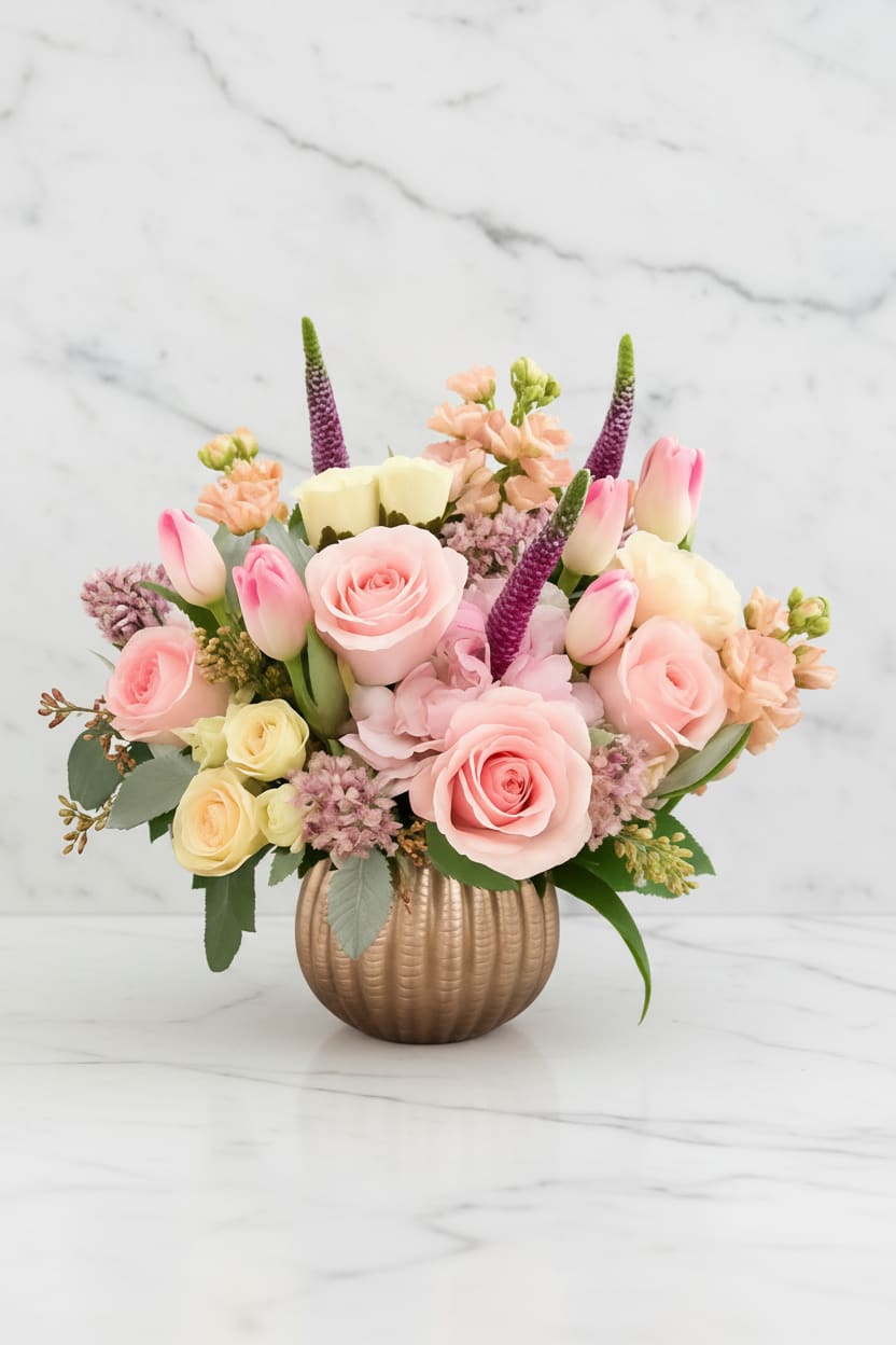 Pink and cream floral arrangement in a ribbed gold vase