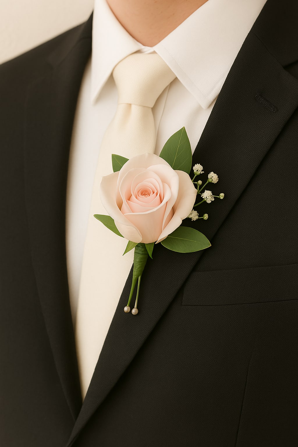 Touch of Grace Boutonniere by Latin Lady Flowers - Touch of Grace Boutonniere – A Timeless Accent of Sophistication  Designed for effortless elegance, the Touch of Grace Boutonniere offers a refined floral touch for weddings, proms, and special occasions. Featuring a baby pink rose, accented with lush greenery and delicate baby’s breath, this boutonniere evokes a sense of charm and sophistication.  Handcrafted with care, this boutonniere is secured with a classic pin attachment, ensuring a comfortable and polished fit for the groom, groomsmen, or any honored guest. A perfect complement to the Touch of Grace Wrist Corsage—graceful, romantic, and effortlessly stylish. A simple yet distinguished floral accent for life’s most memorable moments. 