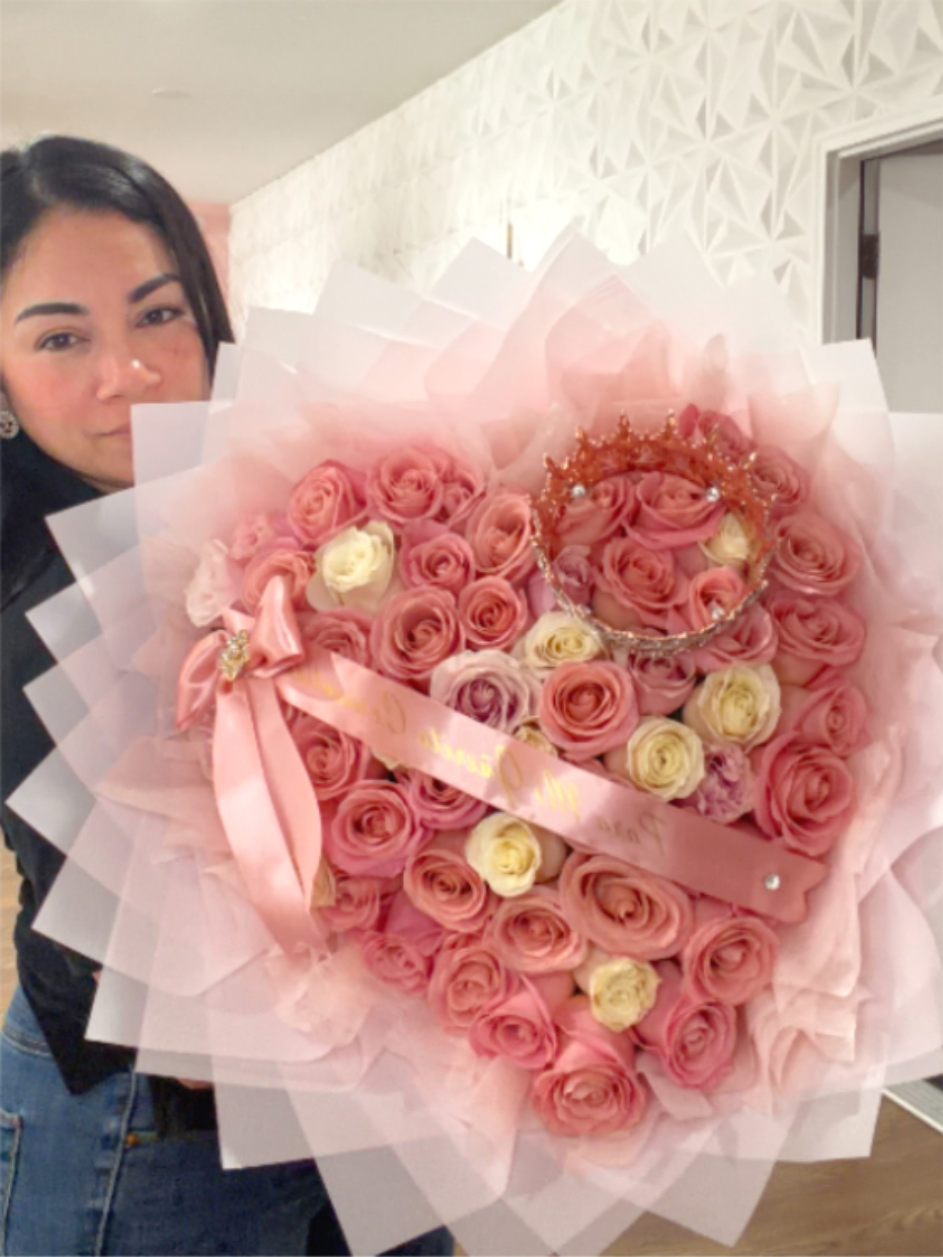 Blushing Heart Bouquet - Make an unforgettable impression with this breathtaking heart-shaped bouquet, featuring 50 premium pink and white roses carefully arranged to create a romantic and elegant design. 