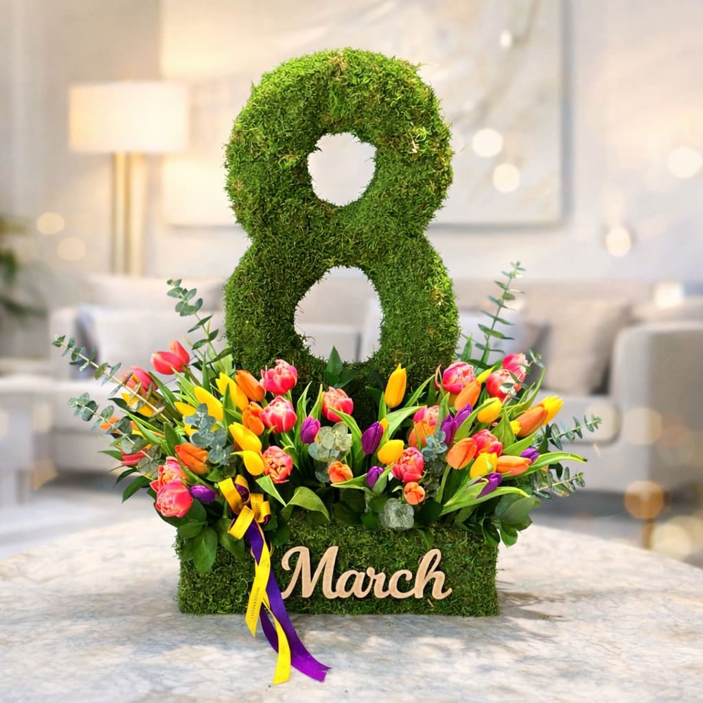 Luxury 8 March Floral Arrangement - Celebrate International Women’s Day with a vibrant spring arrangement featuring colorful tulips and fresh greenery, designed in a signature La Fleur Éclose style. A perfect gift to honor the women in your life on March 8.