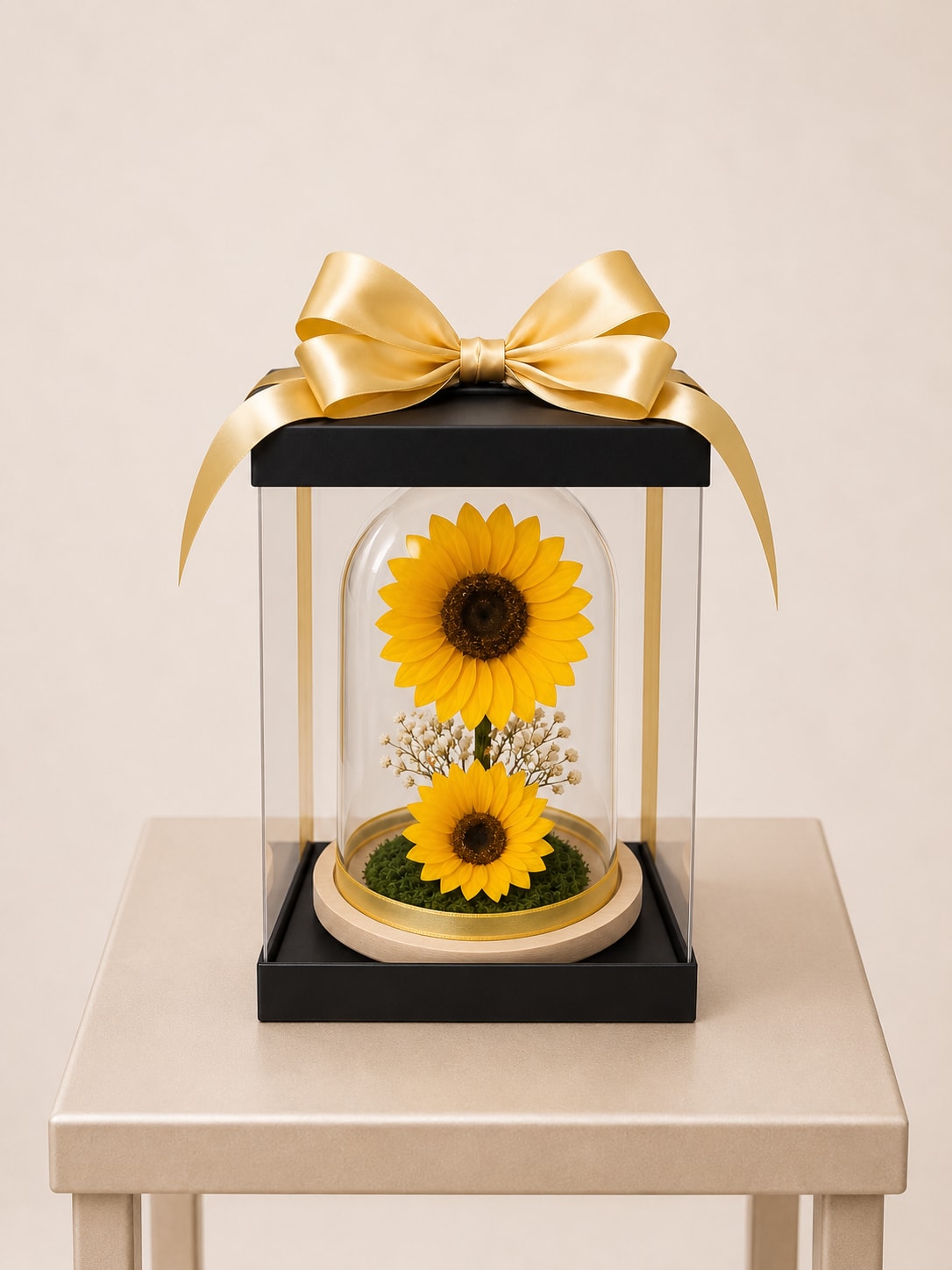 Forever Sunflower Duo  (Height: 9.84 ") - Two real Ecuadorian sunflowers, professionally preserved to maintain their natural beauty for years. Displayed under a clear glass dome, this elegant piece showcases the vibrant color and exceptional quality Ecuadorian sunflowers are known for. A timeless, maintenance-free keepsake that brings warmth, joy, and sunshine to any space.  Better For: Birthday, Get Well, Thank You, Thinking of You, Home Décor, Mother’s Day, Women’s Day, Yellow Flower’s Day.
