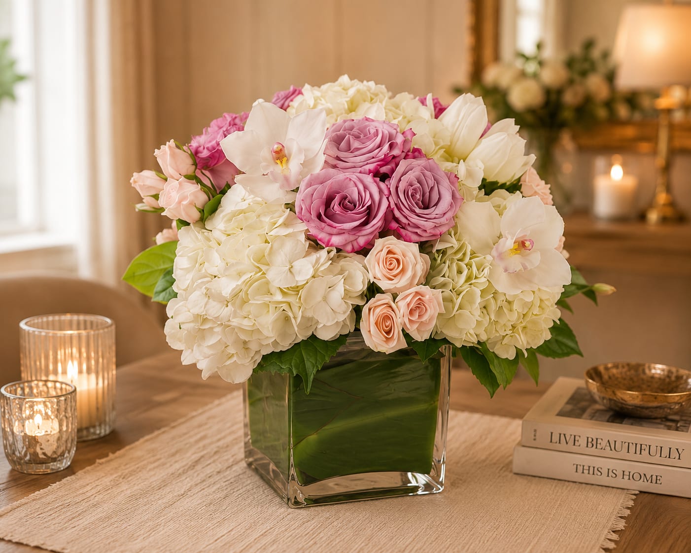 Blushing Elegance - Classic and Beautiful, this large arrangement whispers luxury. Soft pinks, whites and creams come together to create an appealingly feminine gift. Perfect for welcoming a new baby, Birthday, Holidays, Anniversaries, or just to cheer somebody's day!  Standard includes Hydrengeas, Lavender Roses, Small Cymbidium Orchids, and some Spray Roses, Packaged and decorated beautifully in short Glass Vase!  Flowers are delivered arranged and wrapped in a gift wrapping paper. Roses may take 2-3 days to open up as shown in product photo. Upon arrival, remove flowers from wrap, trim ends of stems, and place them in a vase with water, and enjoy your beautiful bouquet!    