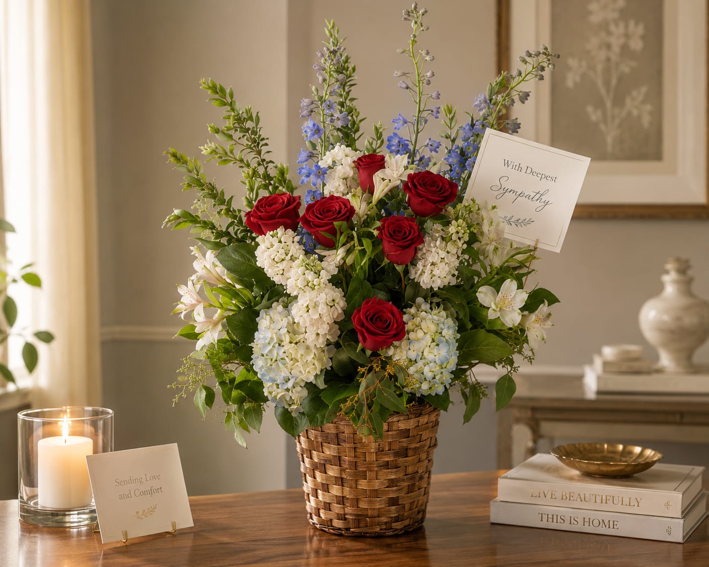 Graceful Remembrance Basket - In this solemn tribute, a red, white, and blue funeral basket stands as a patriotic and heartfelt homage. It showcases the rich symbolism of red, white, and blue, with the elegance of red roses, the grace of blue hydrangea, the regal presence of blue delphinium, and the serenity of white stock.  This arrangement is fitting for any type of funeral ceremony, whether to honor a veteran, a patriot, or anyone who held a special place in their heart for their country. The red, white, and blue colors serve as a symbol of love, devotion, and the enduring spirit of the individual.  This tribute speaks to the memory of a life lived with honor and respect, celebrating the cherished moments and the love of family, friends, and country. 