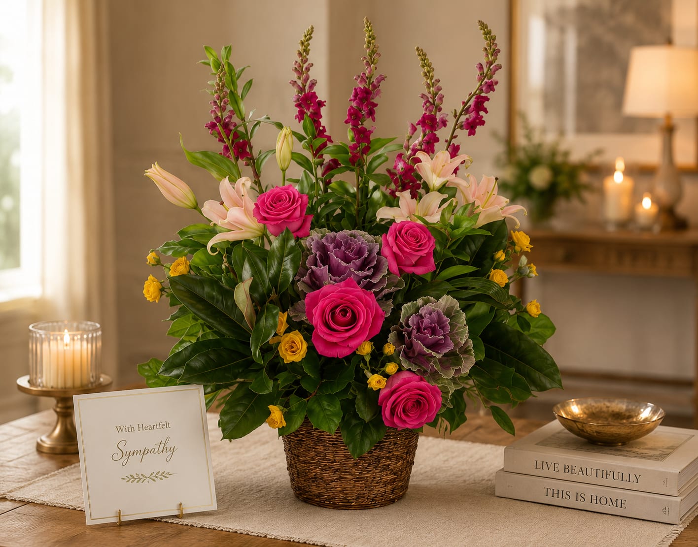 Peaceful Tribute Basket - In this heartfelt single-sided funeral basket, a vibrant medley of colors and blooms come together to create a tribute that celebrates a life well-lived. This arrangement showcases the diversity of life with the elegance of roses, the purity of lilies, the resilience of snapdragons, and a variety of other blossoms.  This multicolored tribute is a versatile choice, suitable for all types of funeral services. It embodies the idea that life is a tapestry of experiences, relationships, and memories, and that each bloom represents a unique moment cherished by those who knew and loved the departed.  With its rich and varied colors, this arrangement serves as a beautiful expression of love and remembrance, honoring the individual's journey and the impact they had on the lives of those they touched. 