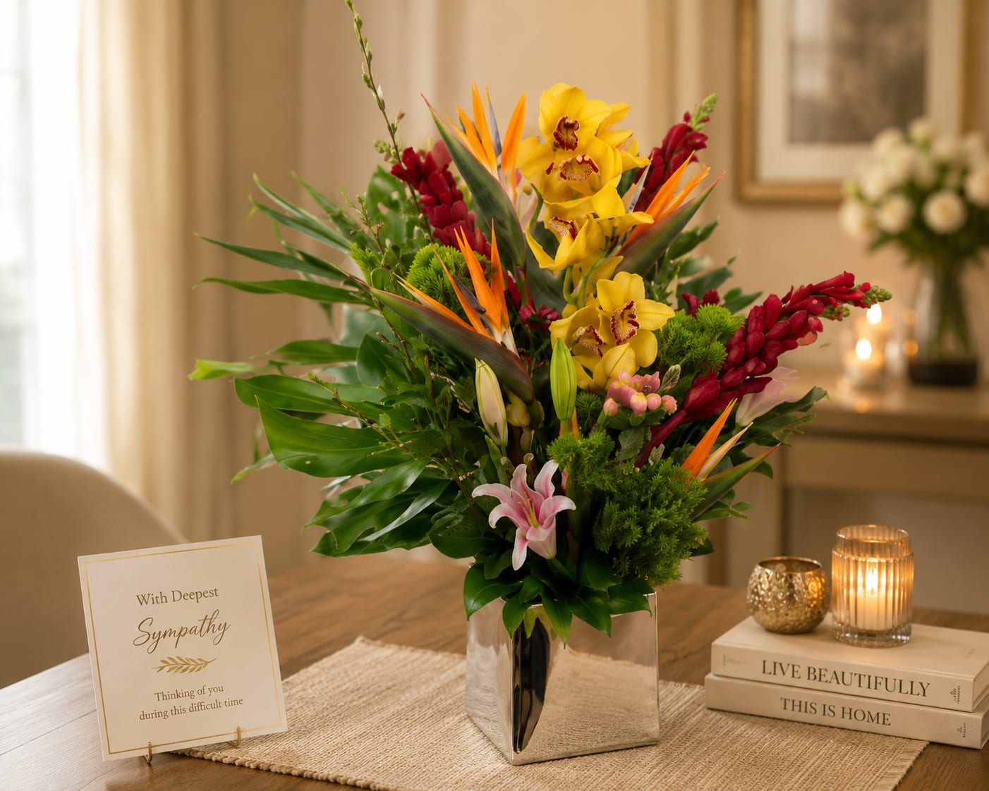 Tropical Paradise  - Tropical plants come together in this one-sided tall standing arrangement. Featuring birds of paradise, ginger, and pincushion protea, this tropical selection would look lovely in any home. 
