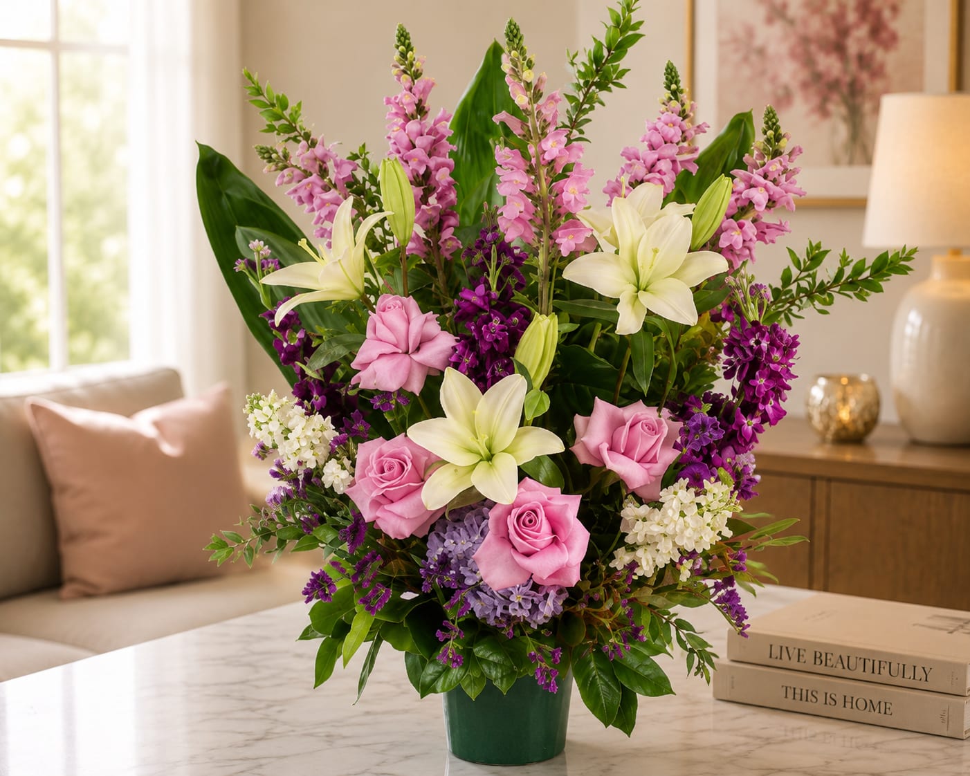 Lavender Whisper - Introducing our Purple and White Sympathy Basket, a heartfelt tribute designed to offer solace and compassion during times of loss. This thoughtfully curated arrangement features a serene blend of flowers and greenery, carefully chosen to create a soothing and comforting presence.  Please note that to ensure the highest quality, some flowers in the original arrangement may be substituted with equally beautiful alternatives if they are not in season or unavailable. Our experienced florists will select suitable substitutions that align with the overall color scheme, style, and sentiment of the arrangement, while maintaining its elegance and impact. 