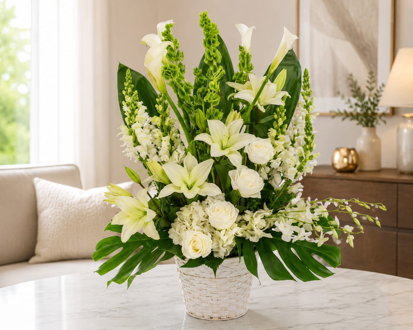 Pure Elegance - During moments of grief and remembrance, our all-white funeral basket stands as a beautiful and solemn tribute. This elegant arrangement, featuring calla lilies, roses, delphinium orchids, and more, is thoughtfully designed to provide solace and honor the memory of a loved one.  The pristine white blooms in this funeral basket symbolize purity, innocence, and peace. The delicate calla lilies, graceful roses, and ethereal delphinium orchids create a sense of serenity and reverence, offering a fitting tribute for any type of funeral ceremony.  The backdrop of large leaves serves as a gentle frame, accentuating the beauty of the white flowers and providing a sense of calm and comfort during a difficult time.  Our all-white funeral basket conveys heartfelt sympathy and support to those grieving the loss of a loved one. It serves as a meaningful and respectful expression of condolences, offering a source of comfort and tranquility.  Let this elegant arrangement be a dignified tribute and a compassionate gesture of sympathy. It stands as a visual representation of remembrance and a gentle reminder that love endures even in times of sorrow. 