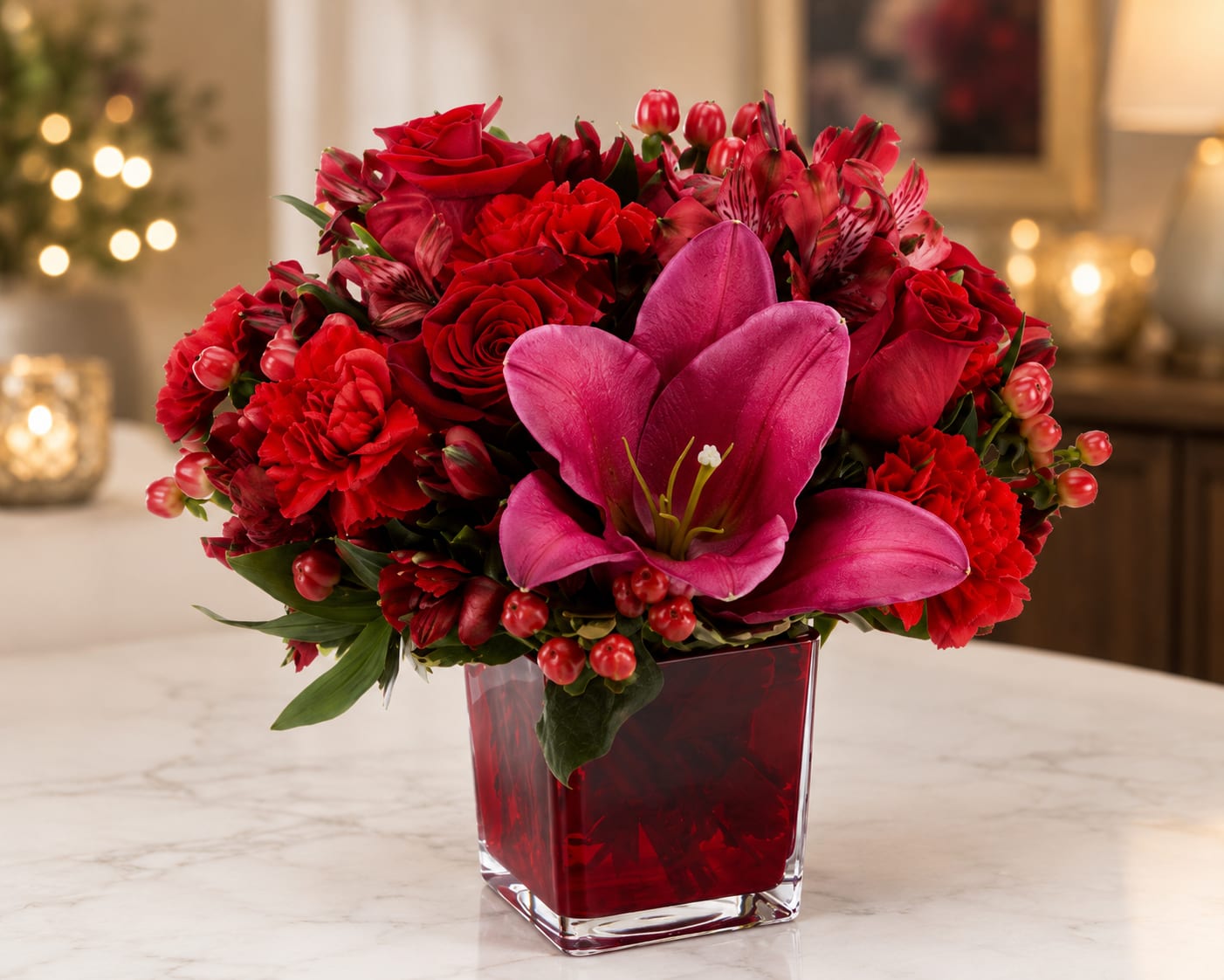Crimson Romance - This all-red arrangement is the perfect present for the holiday season.  Ruby's are also the birthstone of July which makes this arrangement a thoughtful gift for people with a summer birthday. 