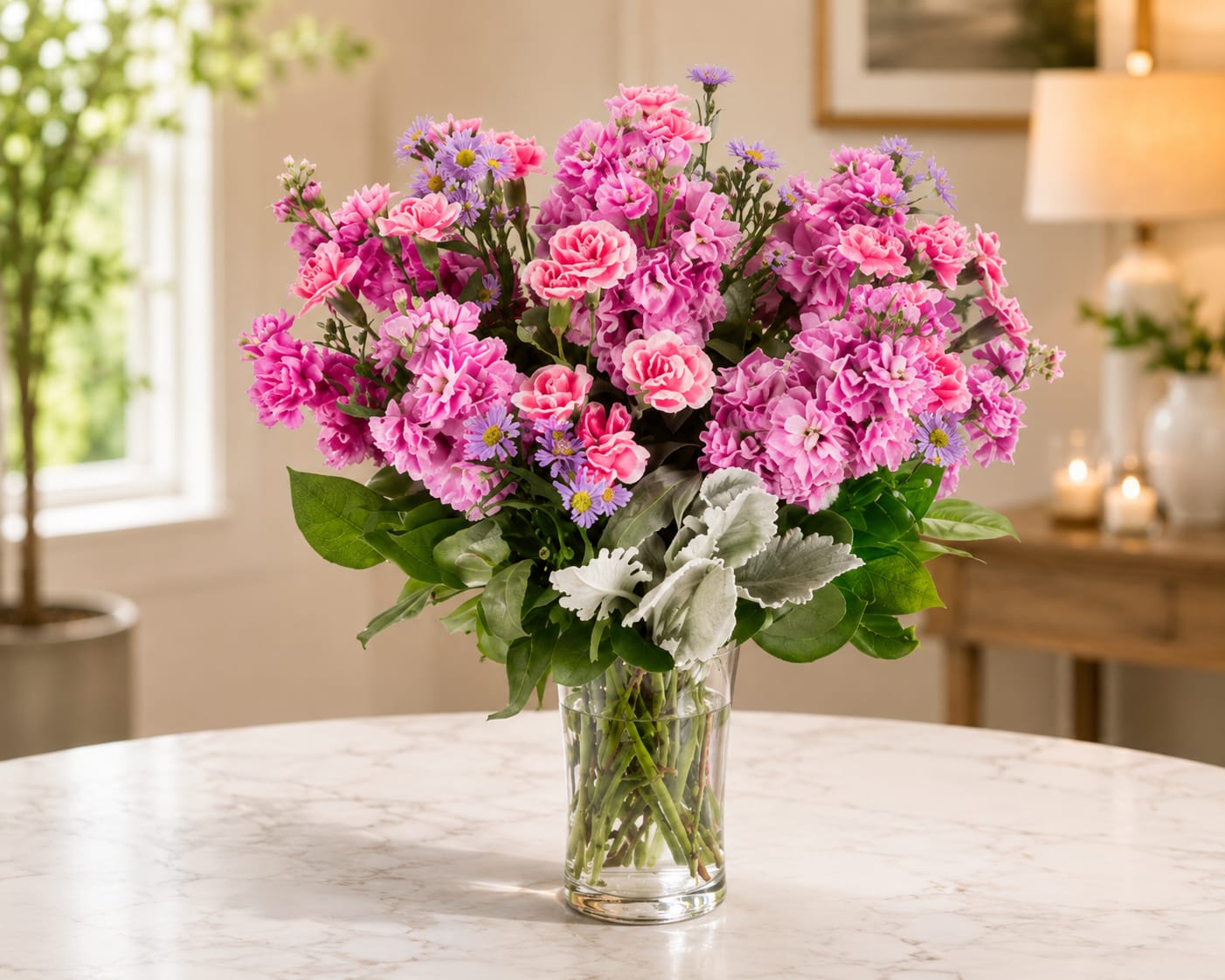 Pink Petal Charm - STANDARD DOES NOT INCLUDE VASE, BOUQUET ONLY  This arrangement is a Pink and Purple confection featuring sweet-smelling stock flowers and purple asters is the perfect way to makes somebody's day extra special and meaningful! A great gift for Birthdays, Women's day, or Breast Cancer Awareness Month, or just to show someone how much you care! 
