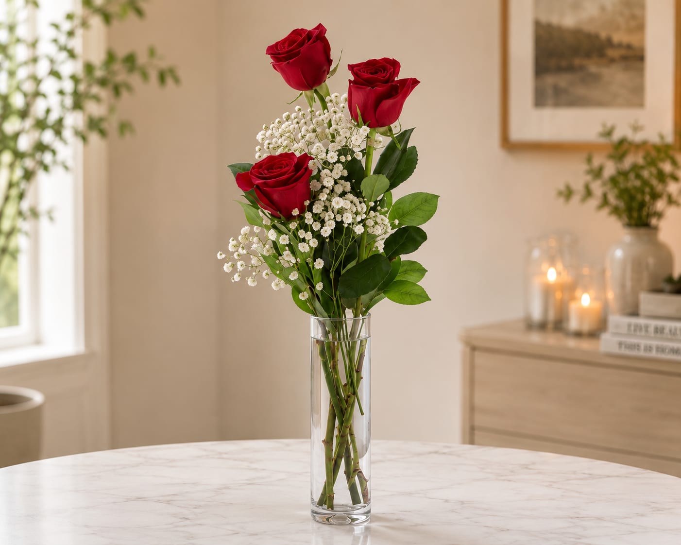 Three Rose Elegance - Send a cute and sweet red rose bud vase to your love, your friend, or your relative for Valentine's day. Sending this arrangement is a lovely gesture and shows that you are thinking of them without breaking the bank!  Approximate Dimensions: 5"D x 15"H