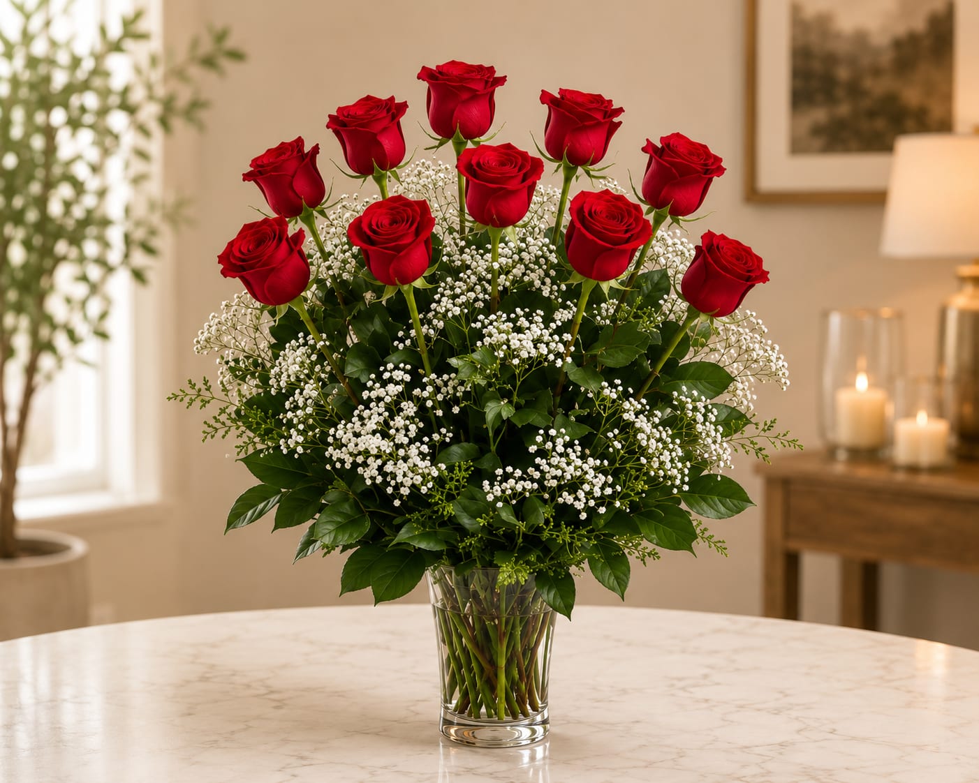 Timeless Red Rose Elegance - STANDARD DOES NOT INCLUDE VASE, BOUQUET ONLY  1 Dozen Red Roses, known worldwide as a classic demonstration of love and appreciation, these Fresh Red Roses will speak both for you and your Love for your special person!  Radiant. Timeless. Romantic! The perfect gift for your loved ones!  Flowers are delivered arranged and wrapped in a gift wrapping paper. Roses may take 2-3 days to open up as shown in product photo. Upon arrival, remove flowers from wrap, trim ends of stems, and place them in a vase with water, and enjoy your beautiful bouquet!  Bouquet will be delivered approximately as pictured. 12 Long Stemmed Red Roses, 1 Hypericum Berries, 4 Aspidistra Leaves. These Red Roses with Baby's Breath are a classic! Perfect romantic gift for Valentine's Day or an Anniversary.  