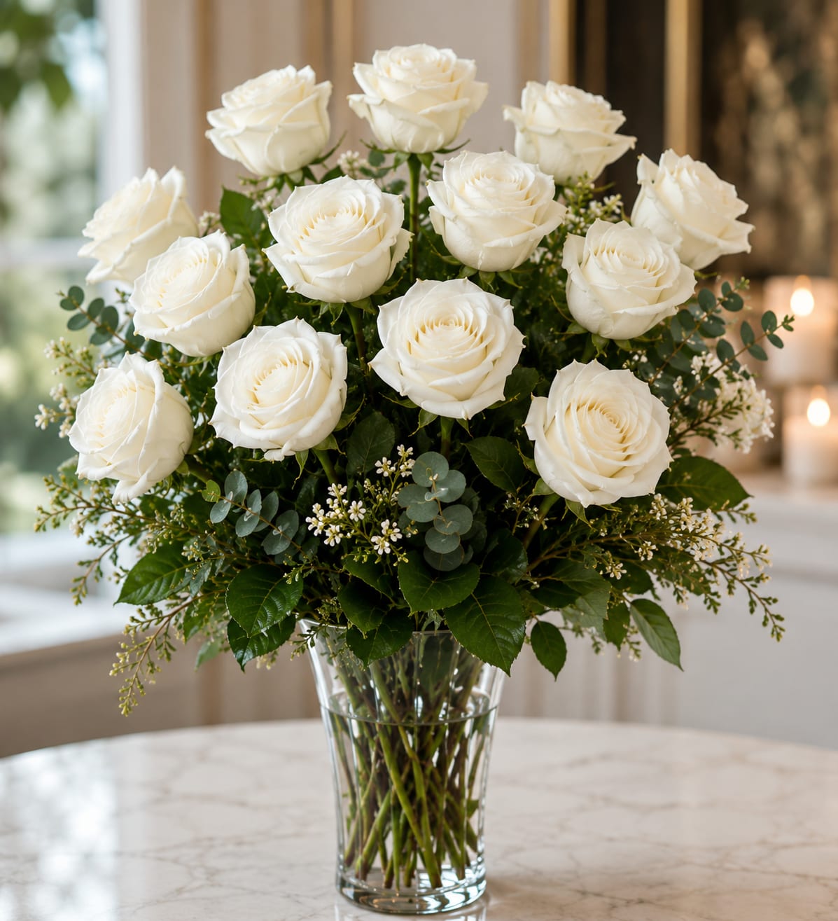 Classic Dozen White Roses - A Dozen White Roses are a classic gift! Dozen Long Stemmed White Roses is the perfect and one of the most classiest gift to show your love and appreciation. Perfect gift for Birthdays, Holidays, Anniversary, or even just because!  Standard Includes 12 Long Stemmed White Roses, 1 Hypericum Berries, bunch of Lemon Leaves, &amp; 3 Aspidistra Leaves.  Flowers are delivered arranged and wrapped in a gift wrapping paper. Roses may take 2-3 days to open up as shown in product photo. Upon arrival, remove flowers from wrap, trim ends of stems, and place them in a vase with water, and enjoy your beautiful bouquet!