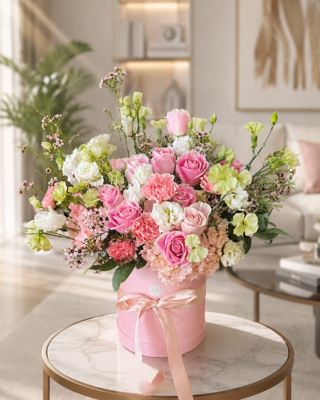 Serena Spring Bloom - A full, rounded pink hatbox of soft garden charm-this flower arrangement is a pink and white gift bouquet perfect for birthdays, anniversaries, Mother's Day, or a sweet romantic gesture. Pink roses and blush carnations take center stage while airy lisianthus and pale hydrangea lend lightness and texture; the overall palette of blush, white, peach, and light green reads as fresh and feminine so the person you're thinking of will feel genuinely celebrated.  Flowers are densely gathered in a round pastel pink hatbox, finished with a pale satin ribbon and gift tag for an elegant, ready-to-present look. Expect layered blooms with small branching filler flowers that create a natural, garden-style silhouette; colors include warm blush roses, creamy whites, soft peach notes, and pale green accents from lisianthus and hydrangea. This arrangement arrives polished and gift-ready-simple care: keep water topped, out of direct sun, and refresh as needed so the bouquet stays lovely through the special day.