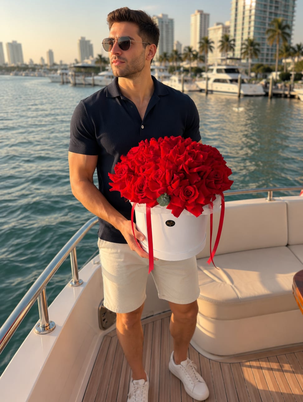 Wilton Manors Sunset - A dense dome of vivid red roses arranged in a crisp white round hat box creates an unforgettable romantic statement - perfect as a birthday bouquet, anniversary roses, or a Valentine's Day gift for the person you're thinking of. The intense red petals against the clean white container read luxurious and celebratory, making the recipient feel truly seen and adored the moment the box is set down.  Each arrangement is tightly packed with red roses presented in a white hat box finished with long red ribbon tails that drape down the sides for a gift-like, elegant presentation. The compact, round silhouette keeps the focus on the lush rose heads and the dramatic red-and-white contrast; sizing and stem count are arranged to form the smooth dome pictured.  Ideal for anniversaries, romantic gestures, or any occasion when you want someone to feel cherished, this arrangement arrives ready to display-no vase required. For best life of the roses, keep them in a cool spot away from direct sun and replace the water in the box as needed to maintain freshness.