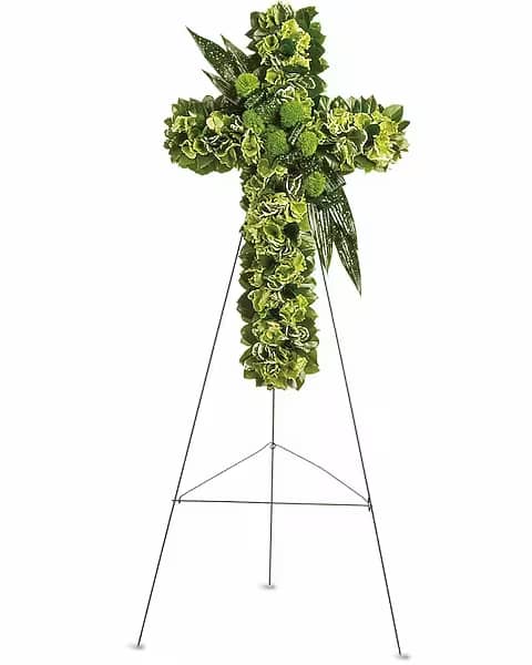 Garden Cross - A spiritual tribute for the religious service, this lovely cross made of green hydrangea, green dianthus and other favorites symbolizes the hope for eternal life. The exquisite arrangement includes green hydrangea, green trick dianthus, variegated pittospourum, accented with Israeli ruscus and other assorted greenery.  