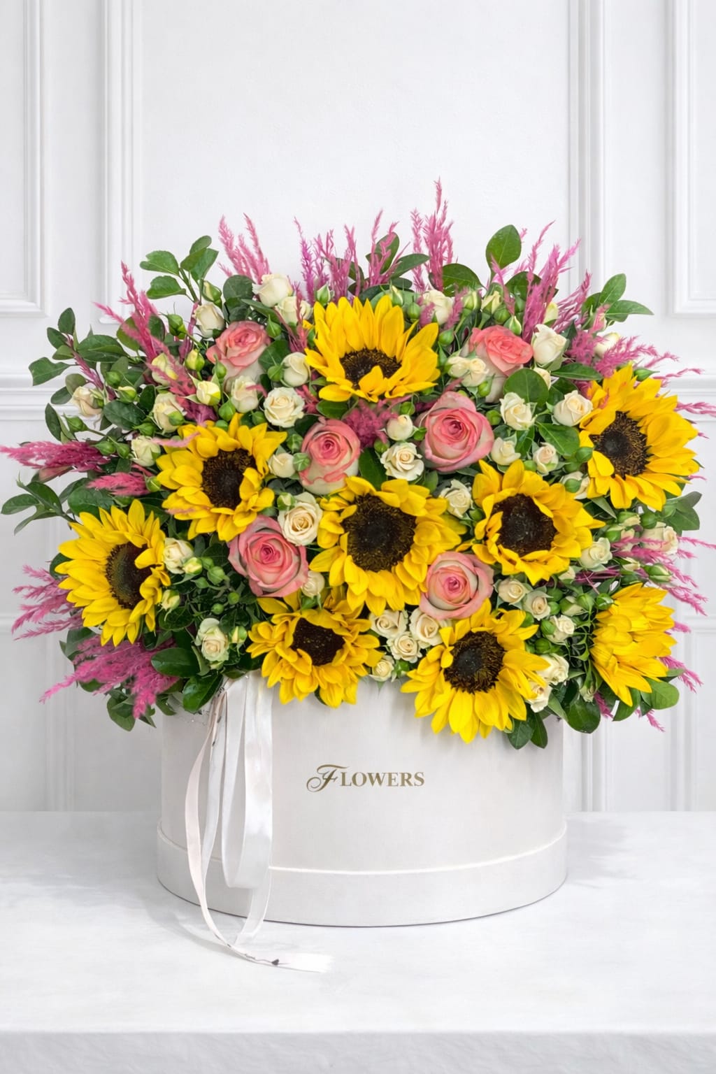 Sunflowers and pink roses arranged in a white hat box with a ribbon
