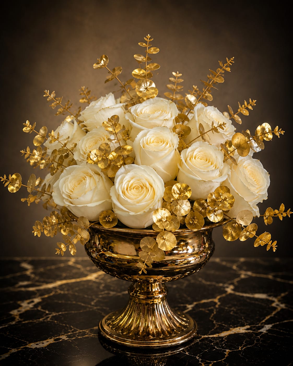 Imperial Roses - A lavish cluster of white roses arranged in a reflective gold pedestal bowl creates an immediate sense of occasion - perfect as an anniversary roses centerpiece or a wedding arrangement that reads both timeless and celebratory. The formal, ornate silhouette and metallic highlights make this arrangement the kind of gift that lets the person you're thinking of know they are truly cherished.  Tightly grouped white roses form a rounded, full composition set into a shiny gold pedestal bowl; decorative gold foliage sprays arc outward to catch the light and add sculptural contrast against soft petals. The result is high-impact: a luxe mix of matte floral texture and gleaming hard goods that works as an upscale everyday gift, bridal table accent, or elegant sympathy piece.  Designed to make the recipient feel honored and seen, Imperial Roses suits couples marking milestones, hosts of formal events, or anyone who appreciates classic glamour. The bowl is integral to the presentation, so no additional vase is needed; keep the roses in a cool spot out of direct sun and refresh the water regularly to sustain their pristine look.