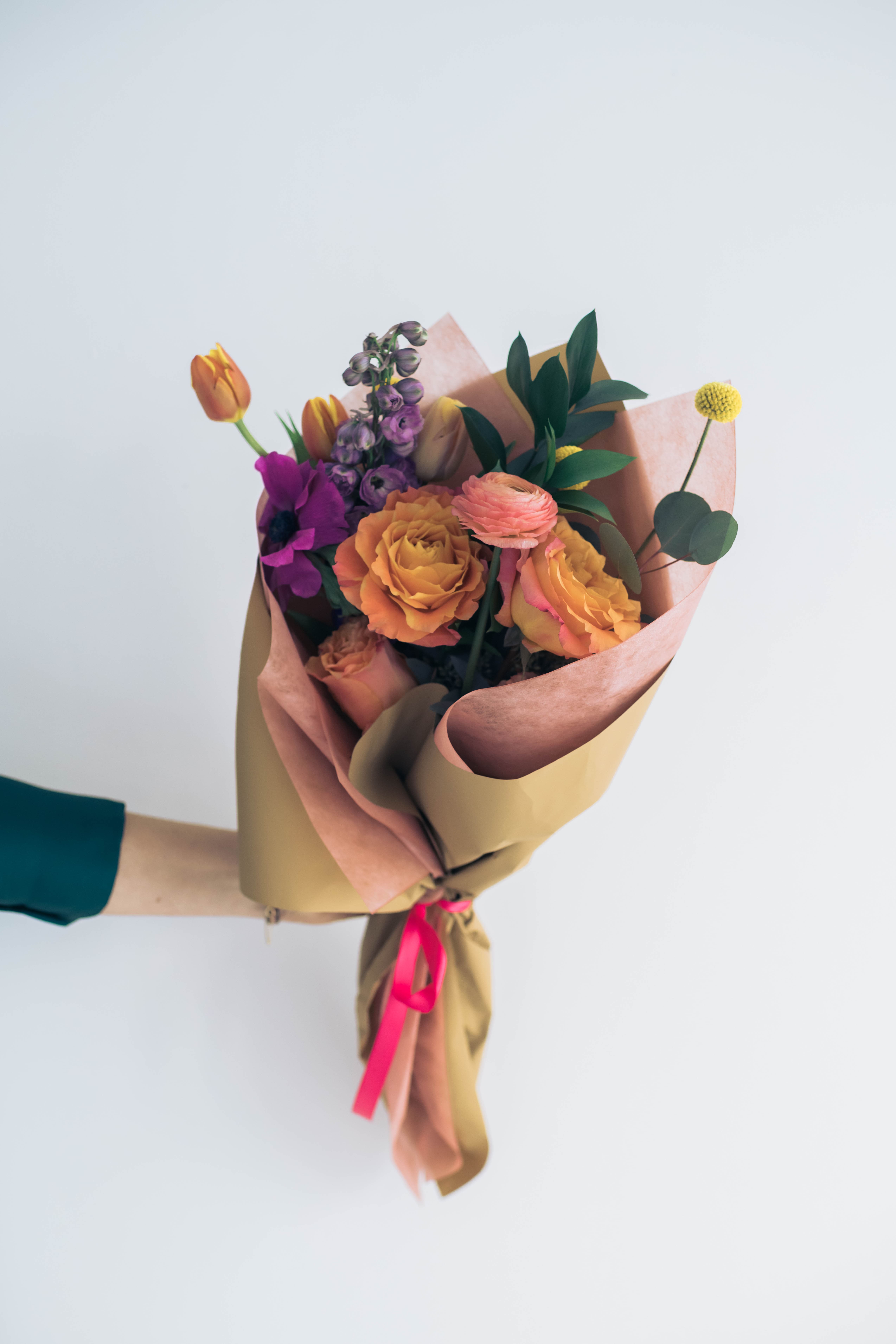 Shades of Fall - Mix of Fall color palette wrapped bouquet. Flowers may differ from the image, but you'll still get a beautiful fresh bouquet.
