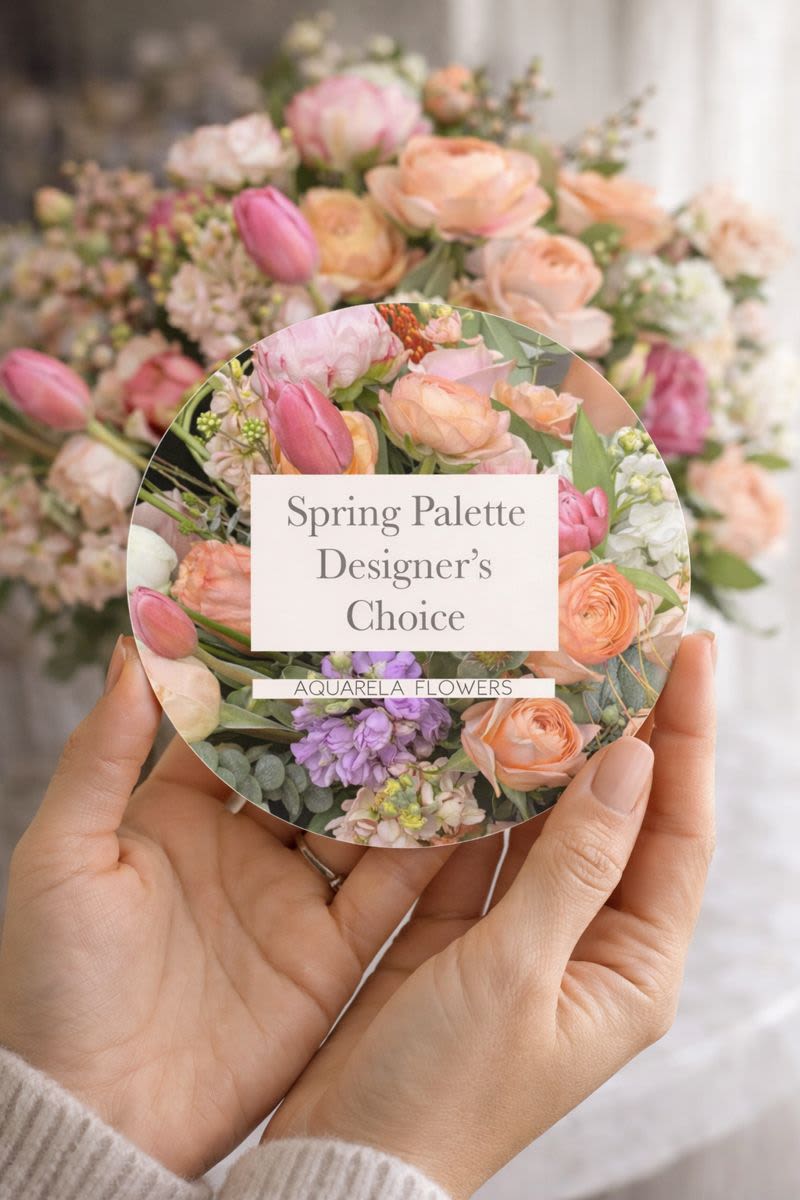 Hands holding a round floral card with pastel spring flowers