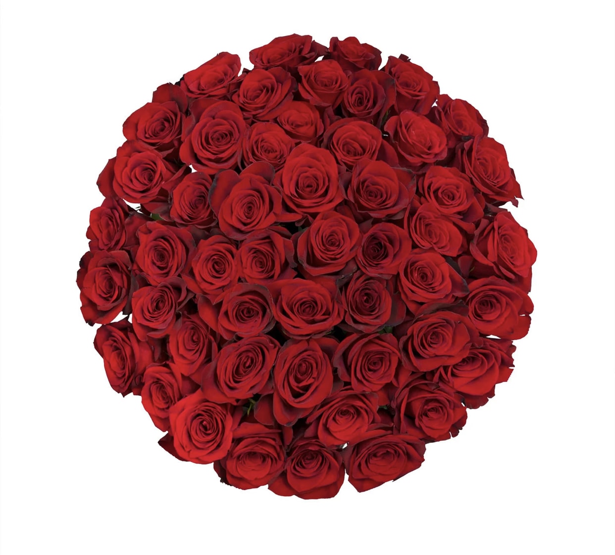 Tightly clustered bouquet of red roses viewed from above