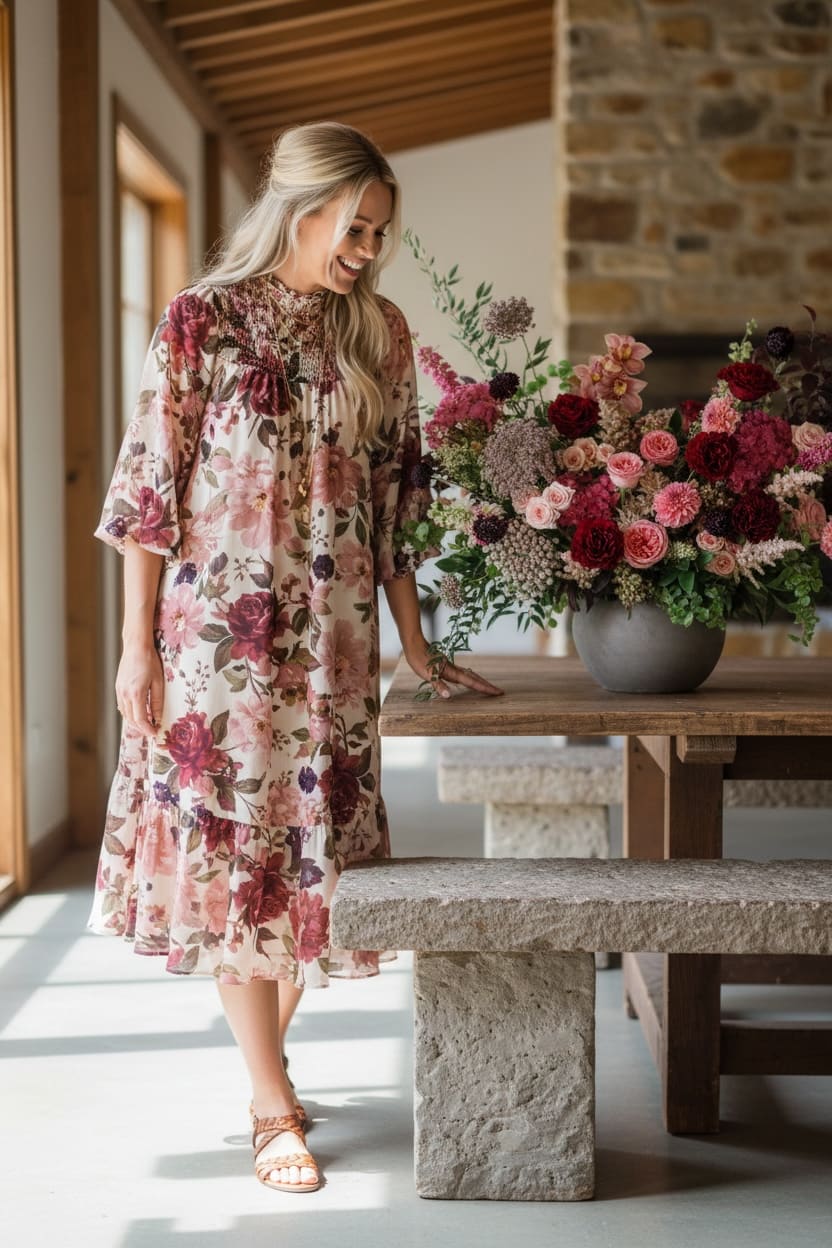 Large pink and burgundy flower arrangement in a gray bowl on a wooden table beside a smiling woman.