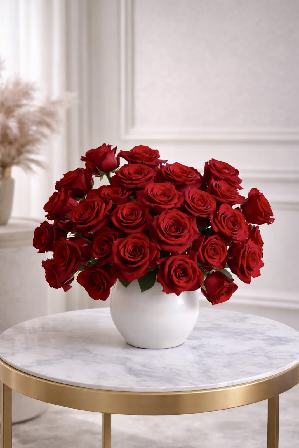Low white vase filled with many red roses on a round marble table
