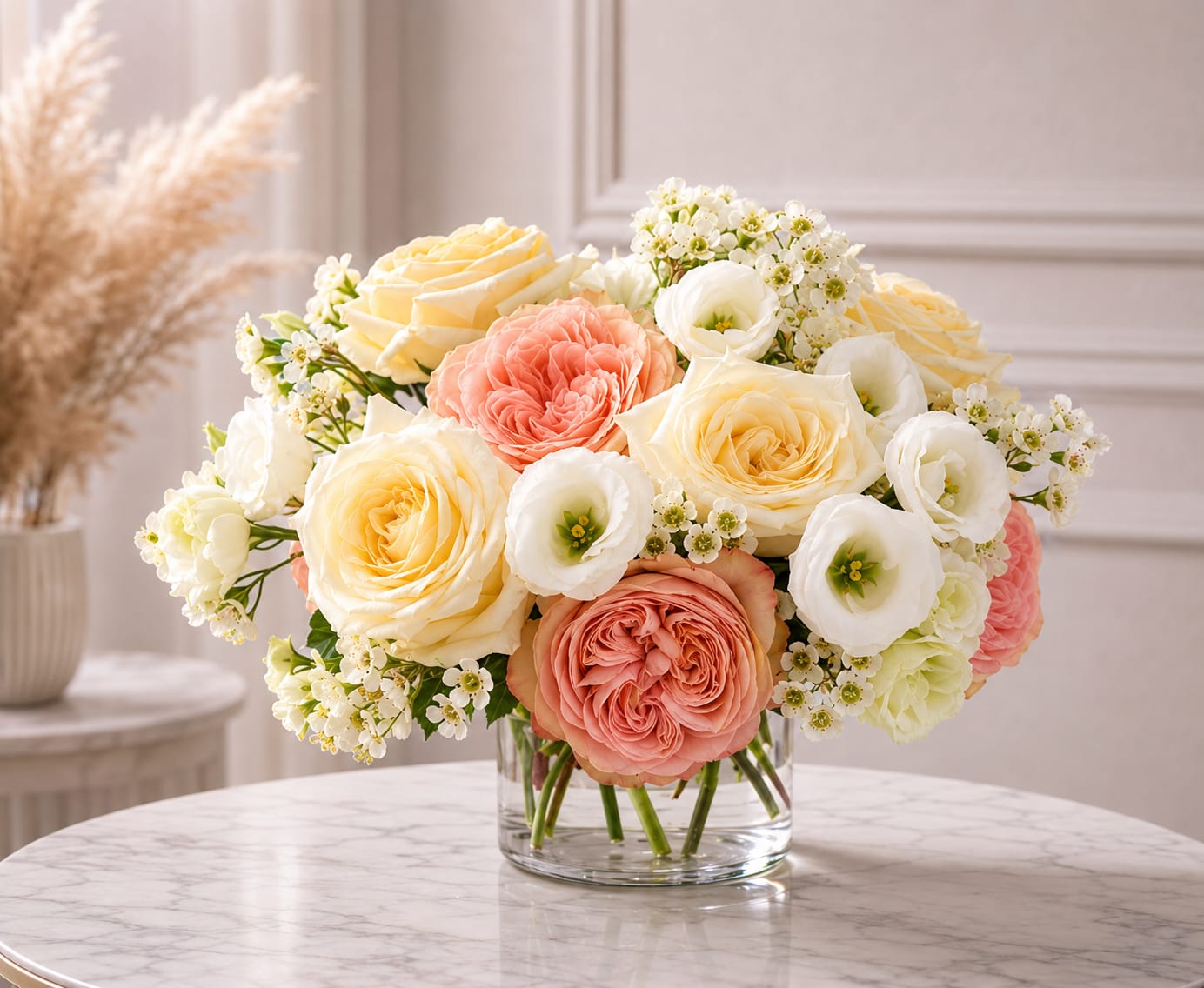 Blushing Elegance  - Soft, romantic, and timeless, our Blushing Elegance Bouquet is the perfect expression of grace and beauty. This delicate arrangement features creamy ivory roses, blush pink garden roses, pure white accents, and clusters of dainty white wax flowers. Designed in a clear glass vase, it exudes effortless sophistication, making it a versatile choice for any occasion.  Ideal for weddings, anniversaries, bridal showers, sympathy tributes, or simply adding elegance to your home décor, this bouquet speaks the language of love and refinement. Handcrafted by Bloom in Glory Florist in Orlando, every stem is carefully selected for freshness and artistry, ensuring a luxury floral experience that lasts.  Available for same-day flower delivery in Orlando, Winter Park, Lake Mary, and surrounding Central Florida areas, the Blushing Elegance Bouquet is a favorite for those who value timeless beauty and unforgettable flowers.