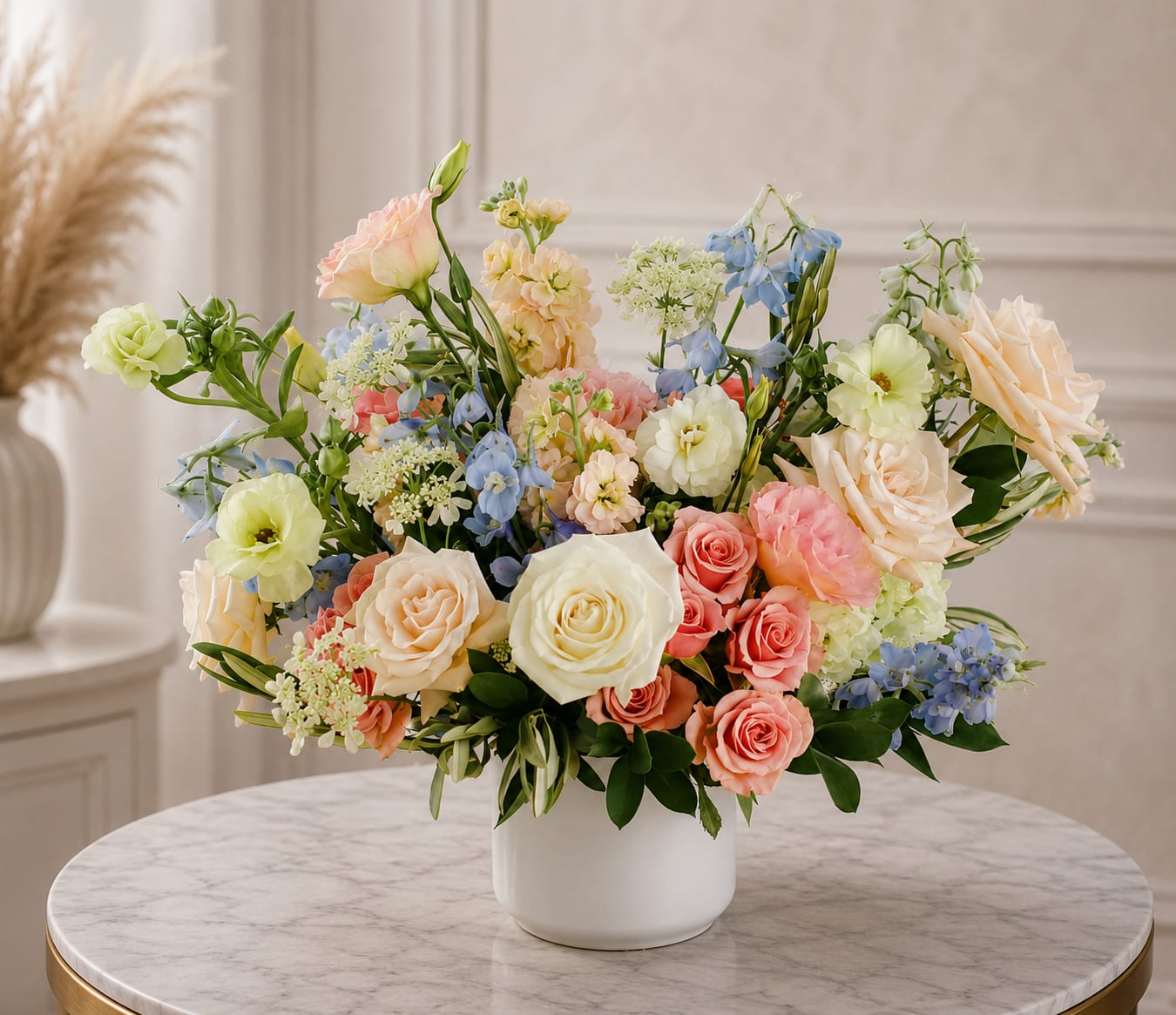 Pastel mixed flower arrangement in a white vase