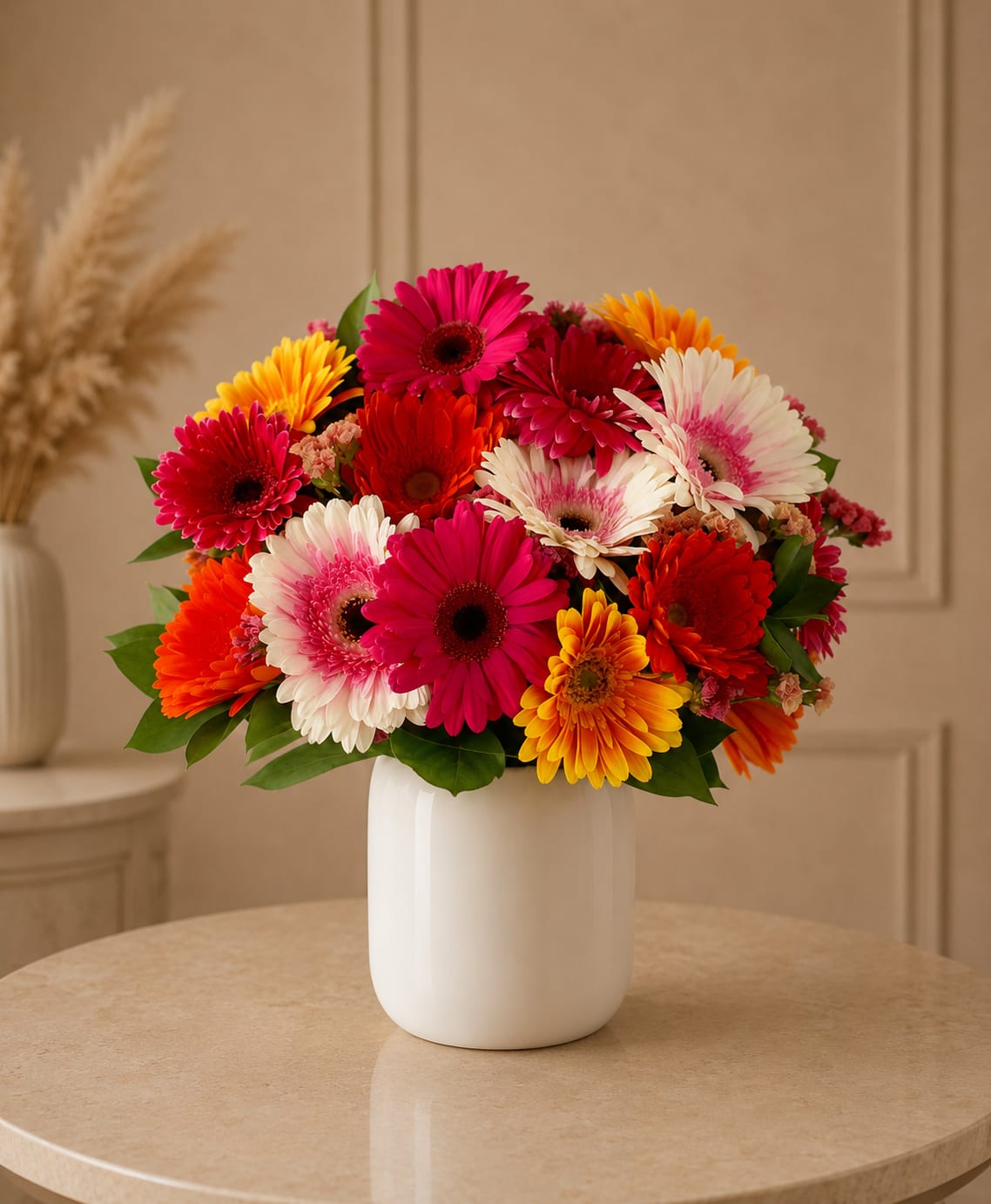 Sunset Confetti - Sunset Confetti is a joyful floral design bursting with bold color and happy energy. Designed in a sleek white ceramic vase, this arrangement features a lively mix of premium gerbera daisies in vivid shades of hot pink, coral, orange, sunshine yellow, and soft blush. The result is a bright, playful statement piece that instantly brings warmth and personality to any space.  Perfect for birthdays, congratulations, thank-you gifts, get-well wishes, celebrations, or simply brightening someone’s day, Sunset Confetti is made for the person who loves color, fun, and flowers that feel fresh and full of life. Its rounded silhouette and vibrant palette make it a standout gift for both home and office delivery.  Designed with Bloom In Glory’s signature polished aesthetic, Sunset Confetti feels cheerful without losing its elevated finish—making it a beautiful option for gifting moments that call for something happy, stylish, and memorable.  SEO Keywords  gerbera daisy arrangement, colorful flower arrangement, bright flower bouquet, birthday flower delivery, cheerful floral arrangement, luxury florist Orlando, Orlando flower delivery, modern flower arrangement, white ceramic vase flowers, vibrant gerbera bouquet, happy flowers delivery, orange and pink flower arrangement, florist near me Orlando, premium flower delivery Orlando, thank you flower arrangement, get well flowers Orlando, celebration flowers  
